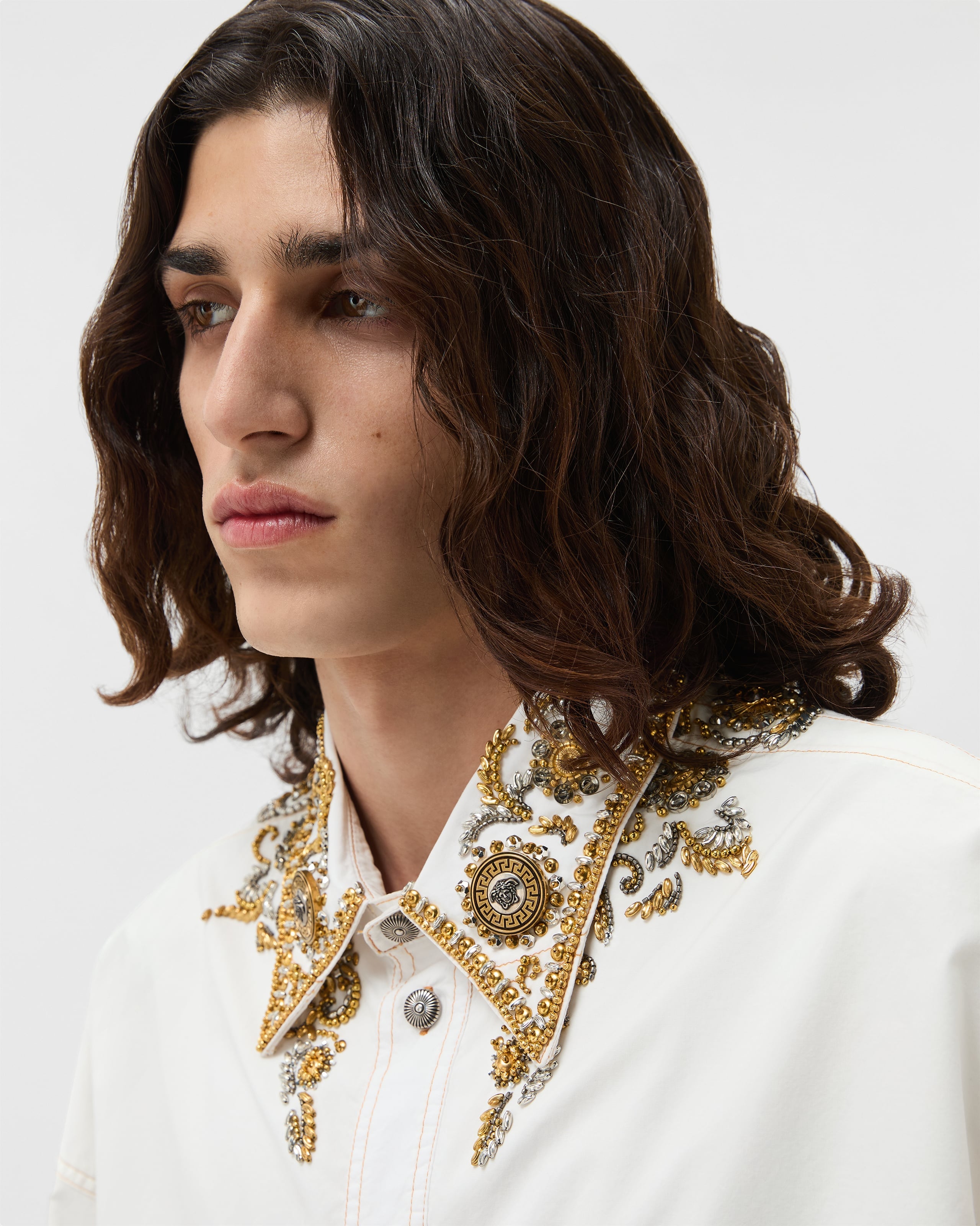 Embroidered Cotton-Poplin Shirt White | VERSACE US