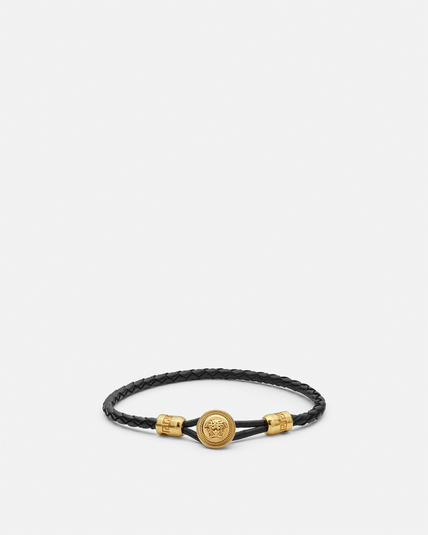 Versace Medusa Biggie Braided Leather Bracelet In Black+gold