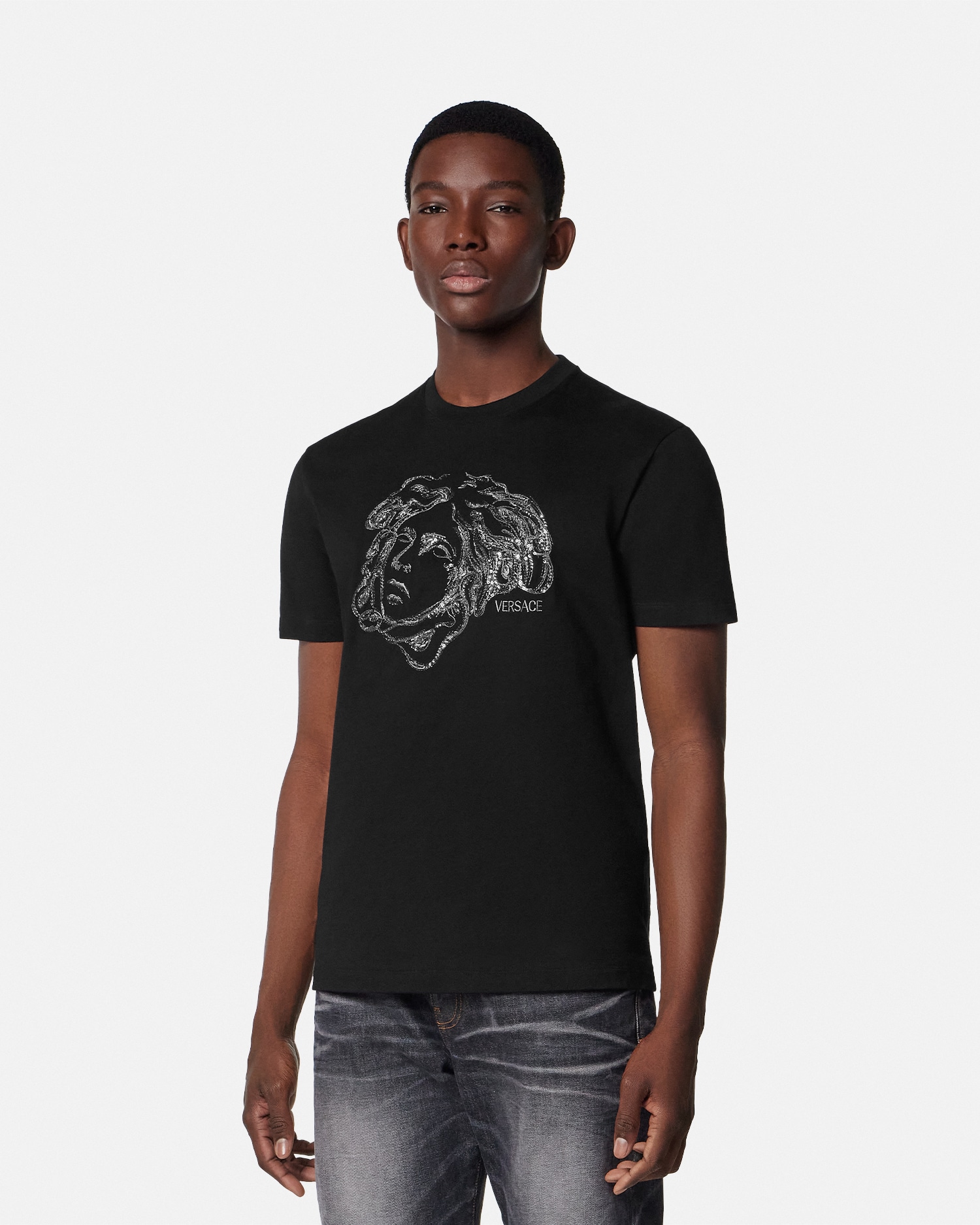 Embroidered Cotton-Jersey T-Shirt | VERSACE US