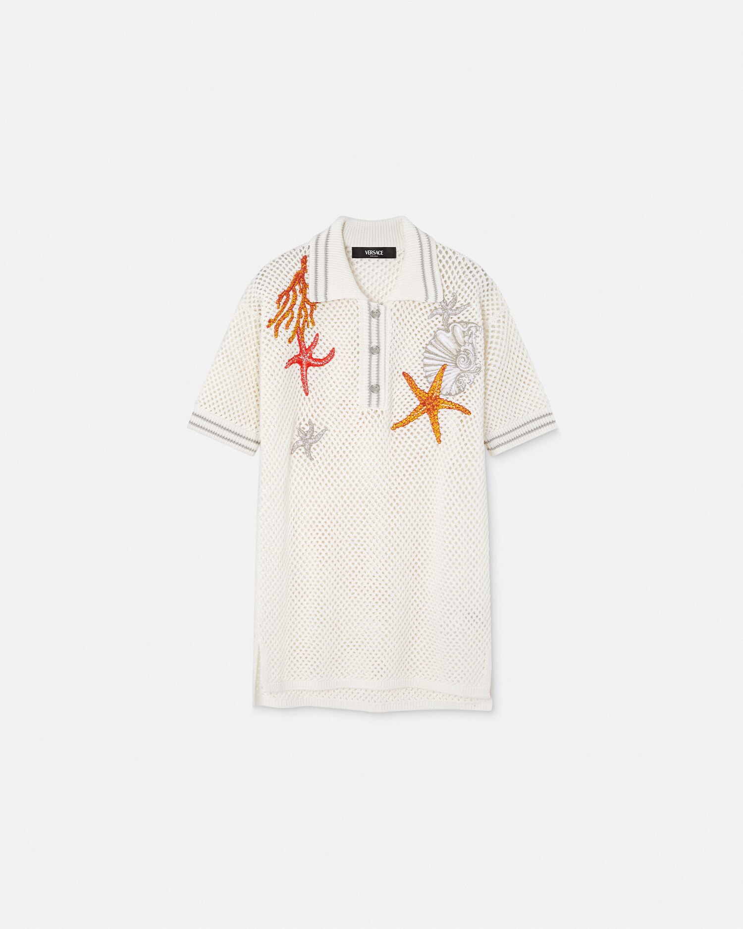 Versace Coral-embroidered Knit-cotton Polo Top In White