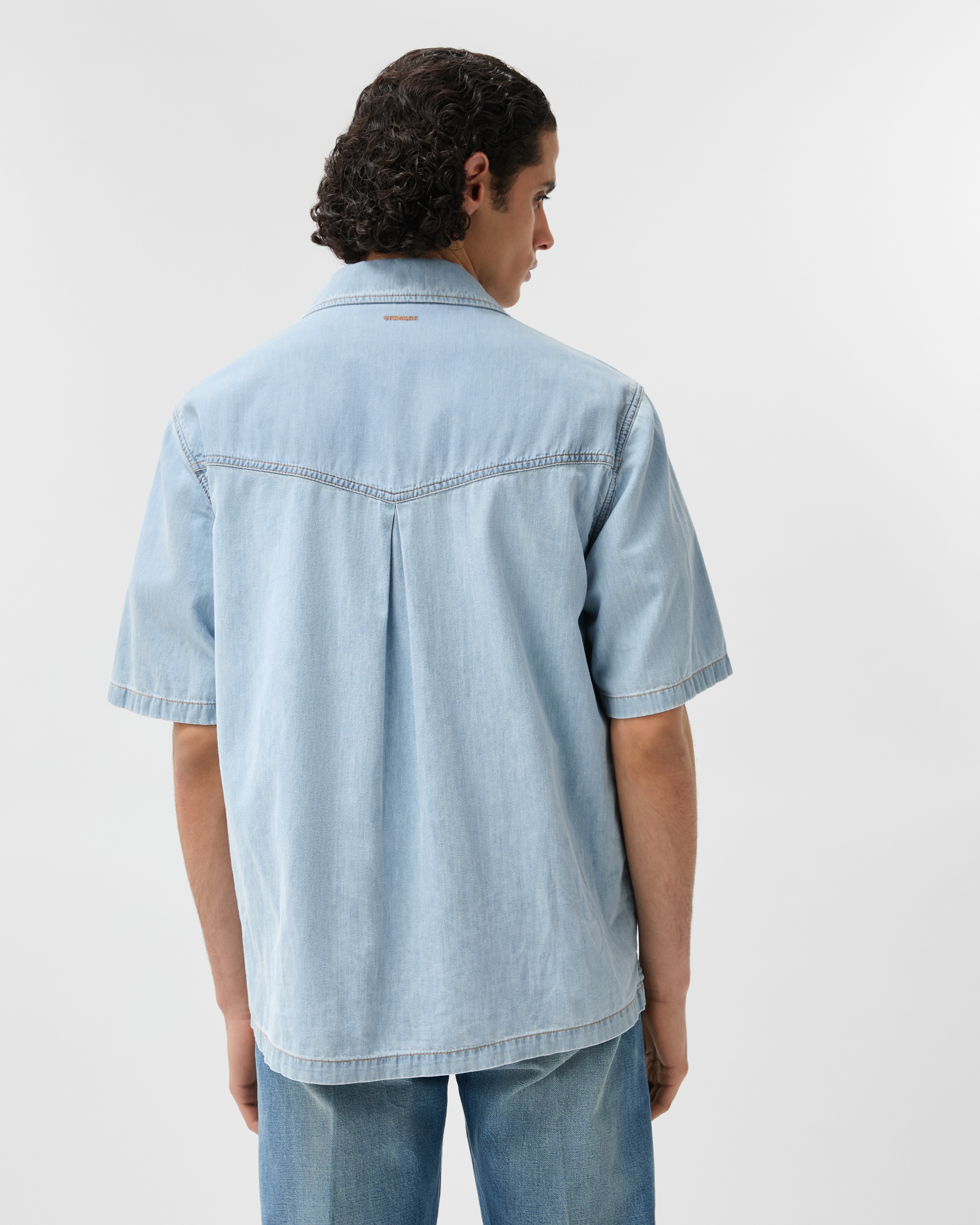 Embroidered-Logo Denim Cotton Shirt Blue | VERSACE IN