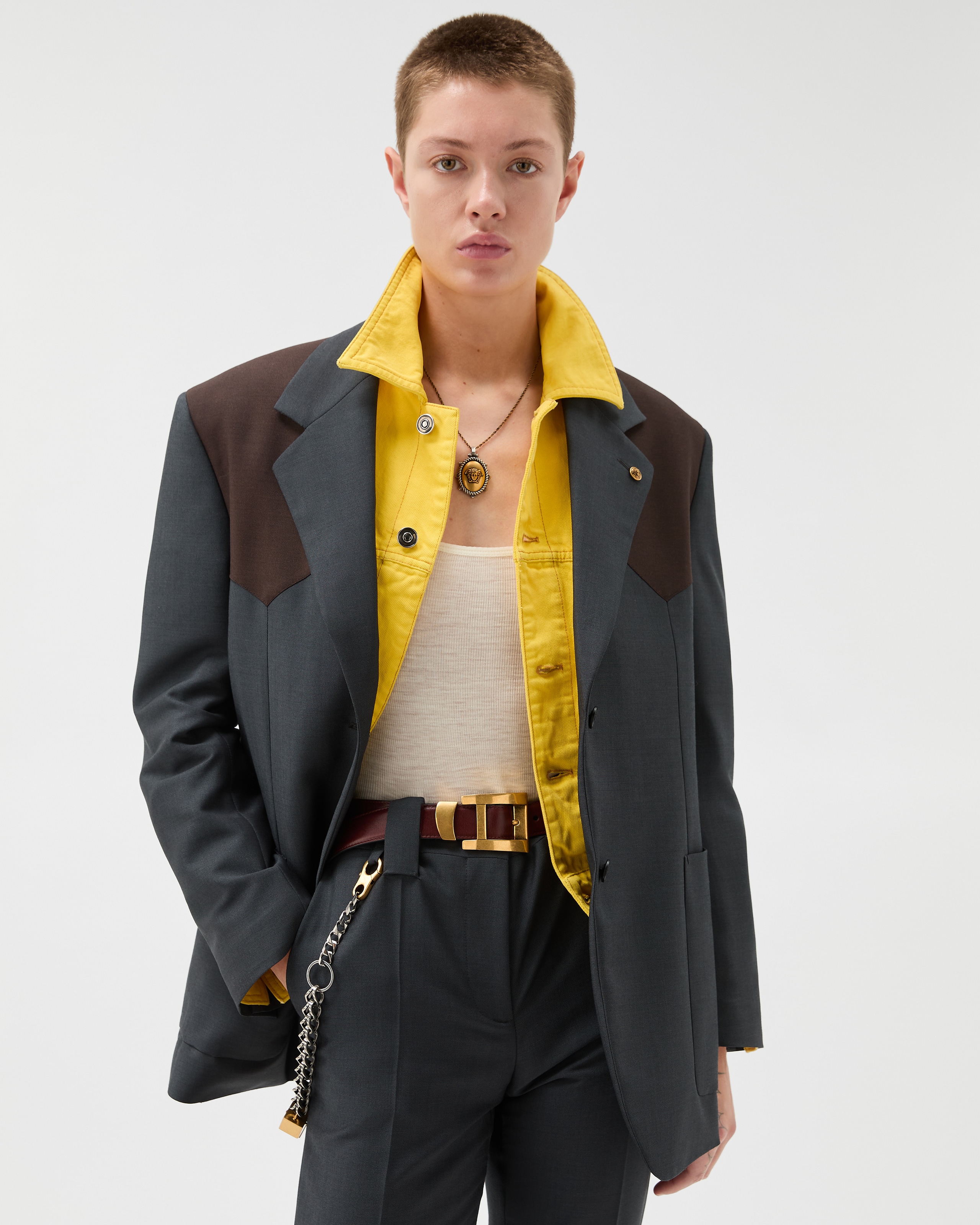 Wool-Mohair Blazer Gray,Brown | VERSACE US