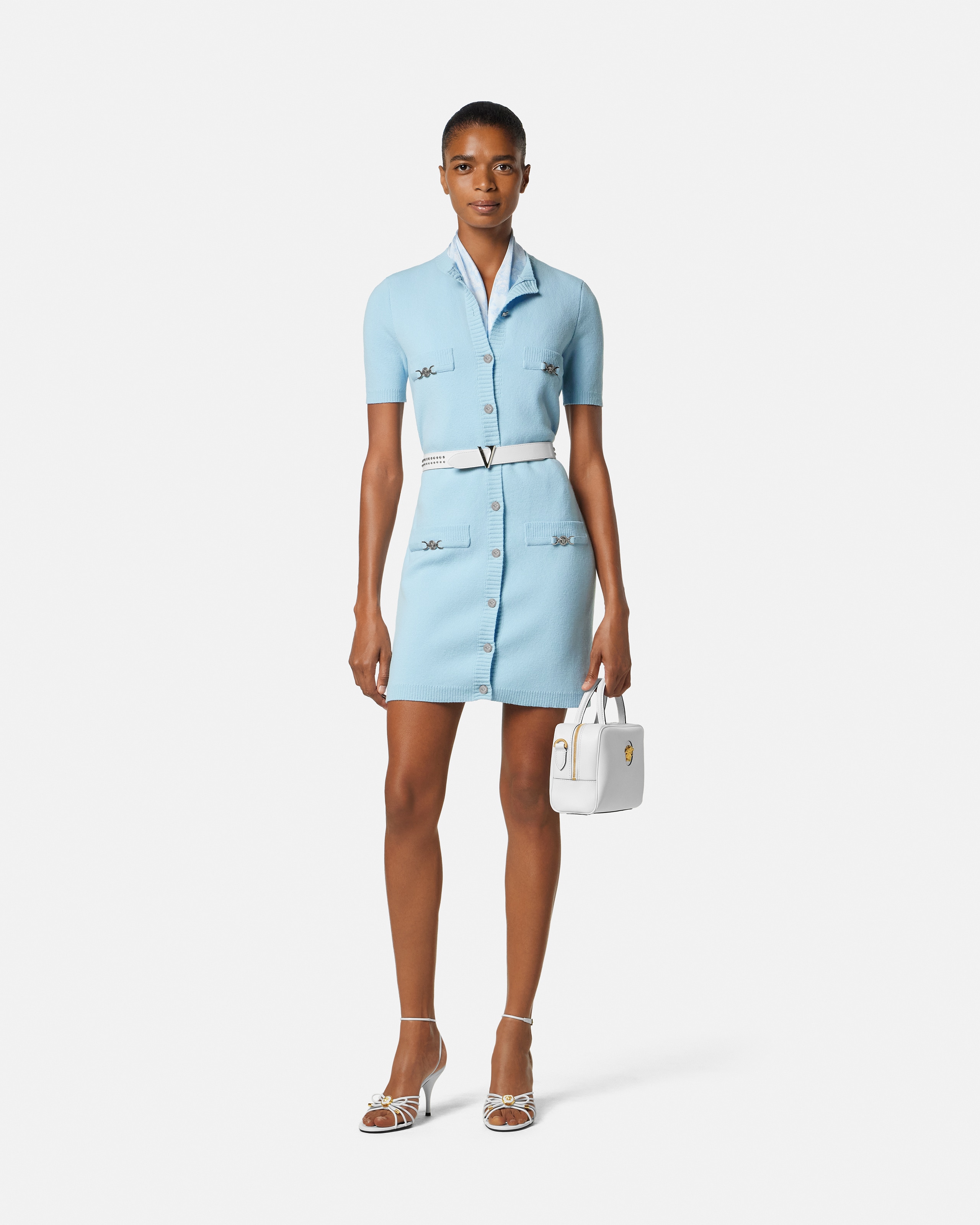 Versace Wool-cashmere Knit Shirt Dress In Blue