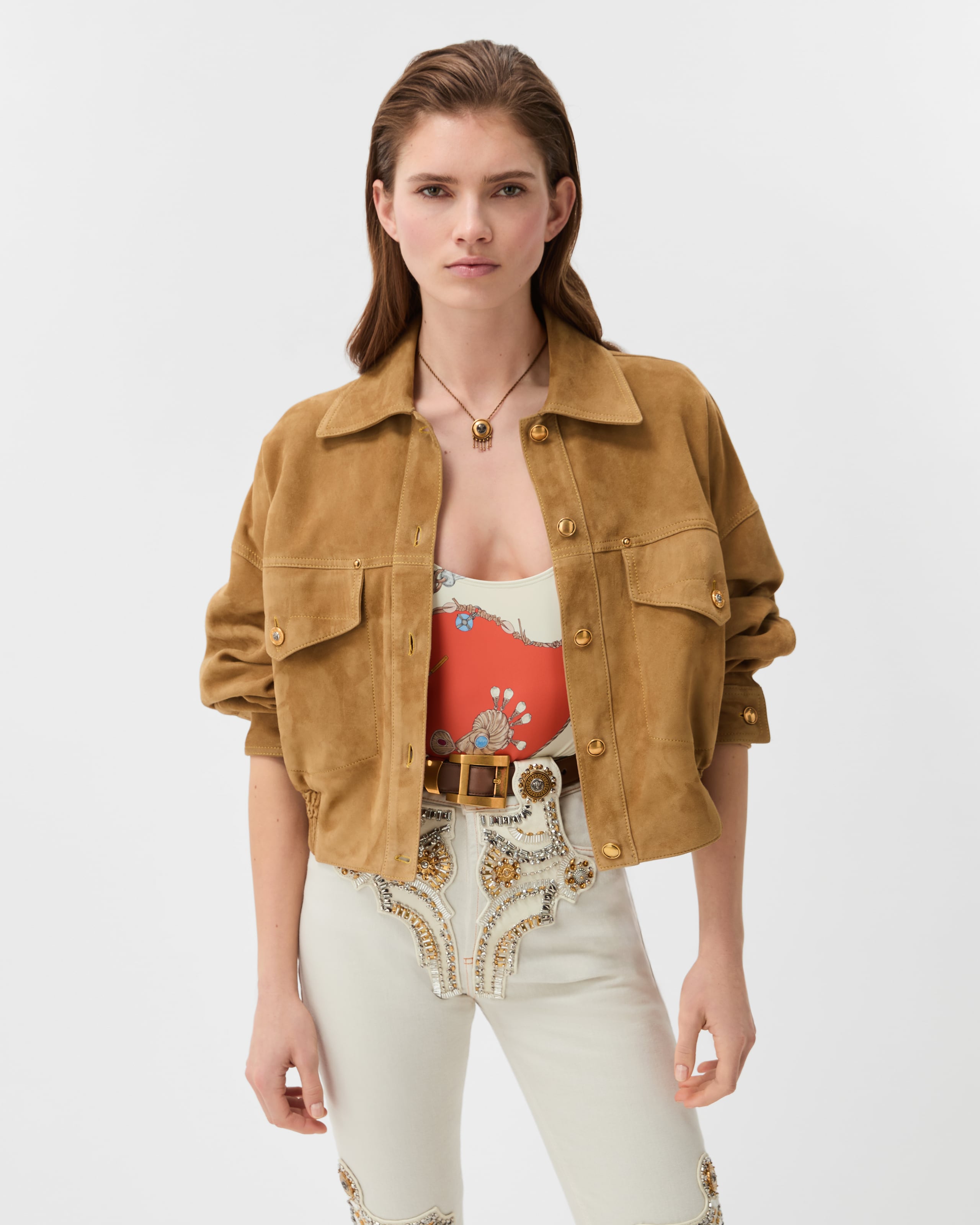 Versace Beige Suede Pointed Collar Elasticated Hem Jacket In Sand