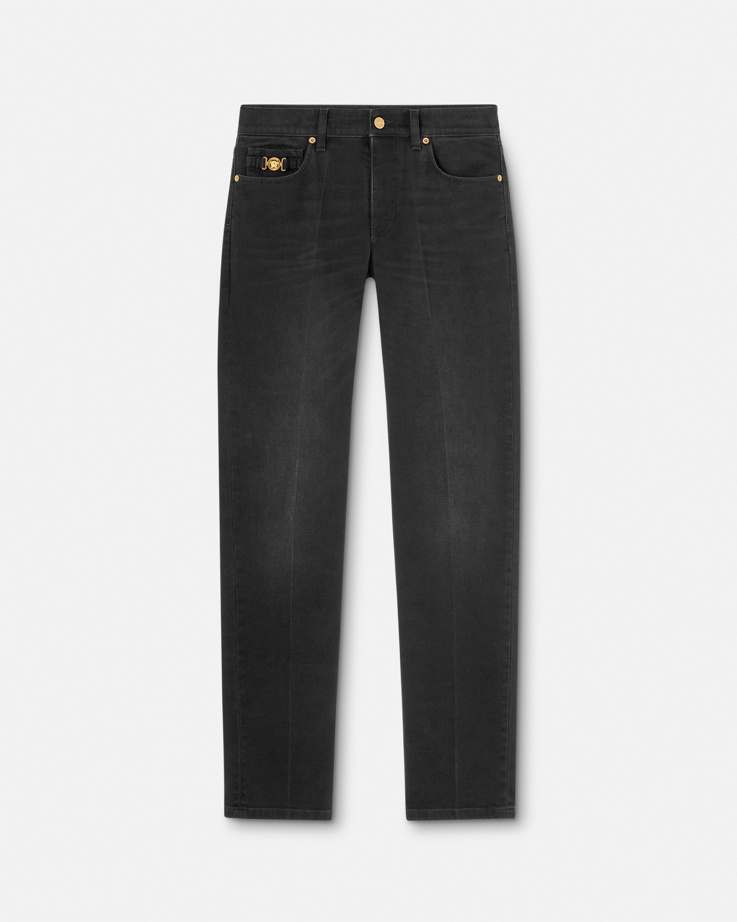 Versace Medusa Head-embellished Mid-rise Slim-fit Jeans In Black