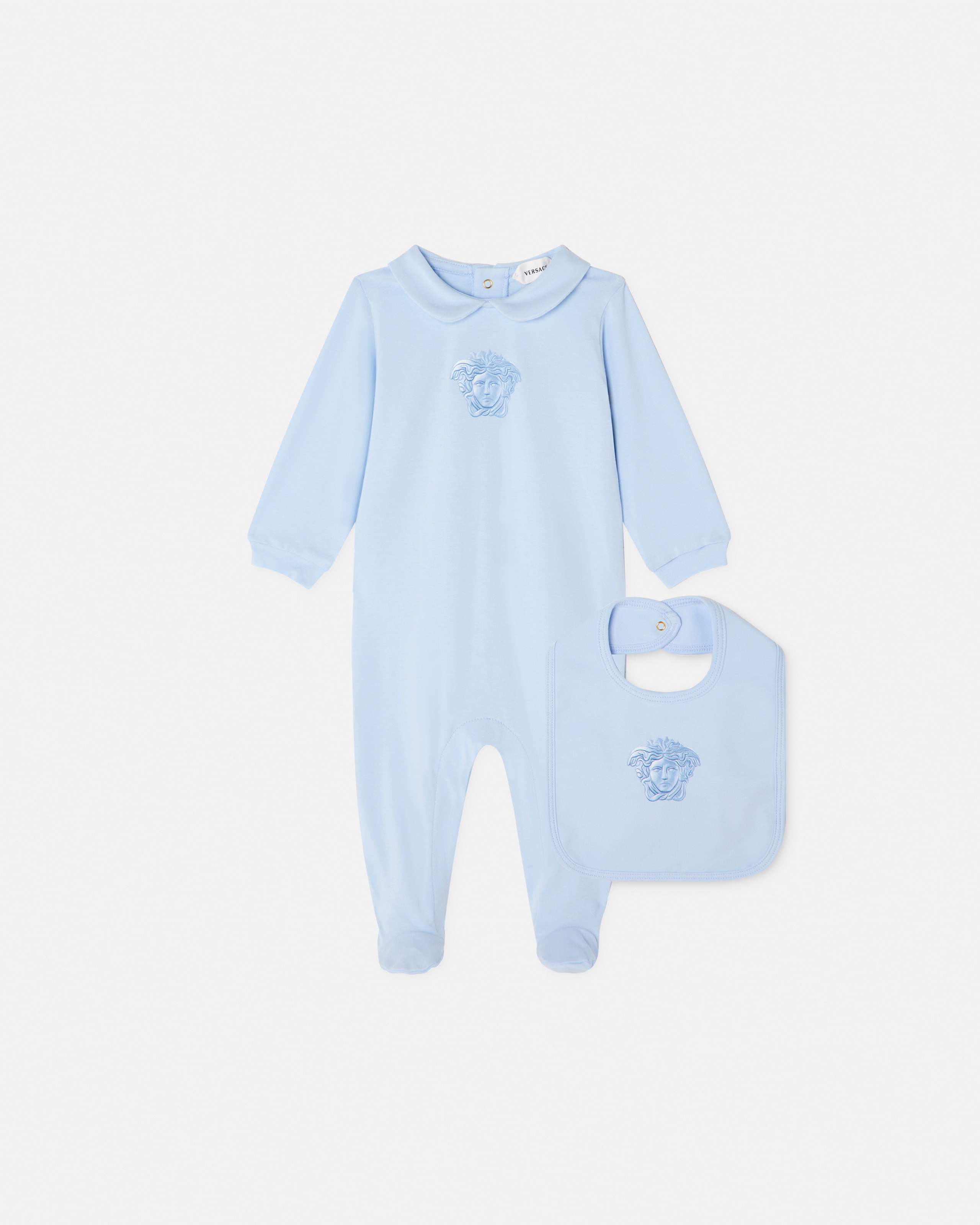 Versace Baby Printed Stretch Cotton-jersey Sleepsuit Set In Light Blue