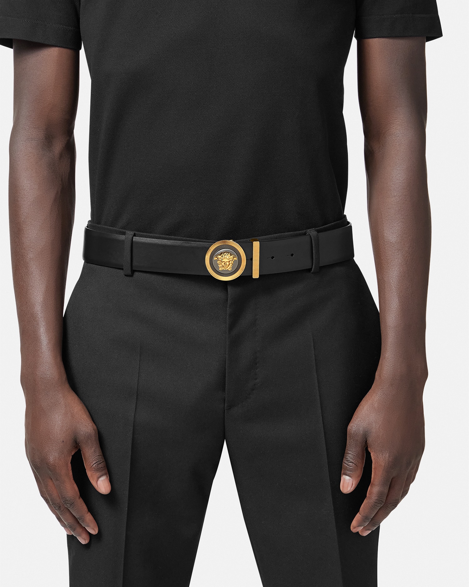 Medusa Biggie Enamel Leather Belt 4 cm Black,Gold | VERSACE US