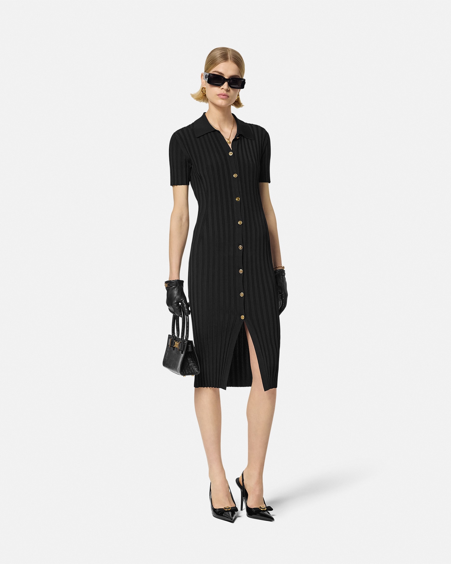 Versace Short-sleeve Flat-rib Knit Button-front Shirtdress In Black