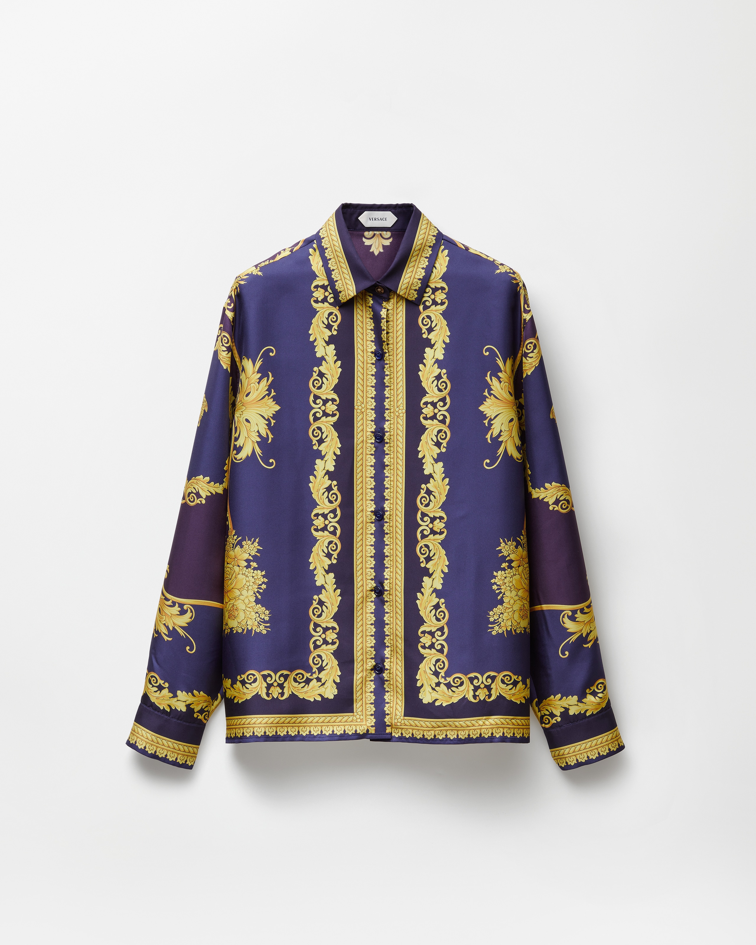Versace Printed Silk Twill Shirt In Purple+gold