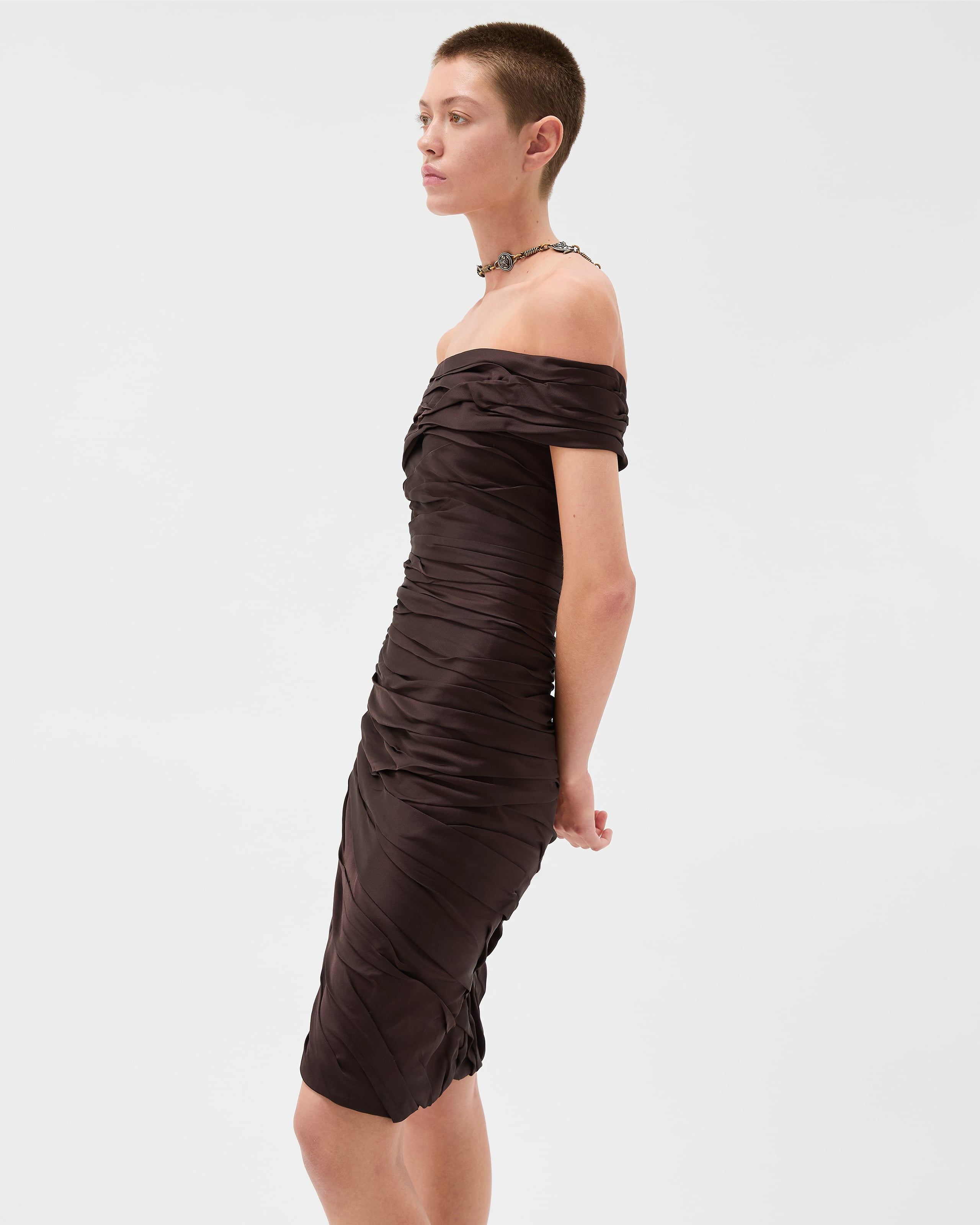 knee length dresses for ladies Light Khaki Off The Shoulder Draped Top Midi Dress – AX Paris main image 1