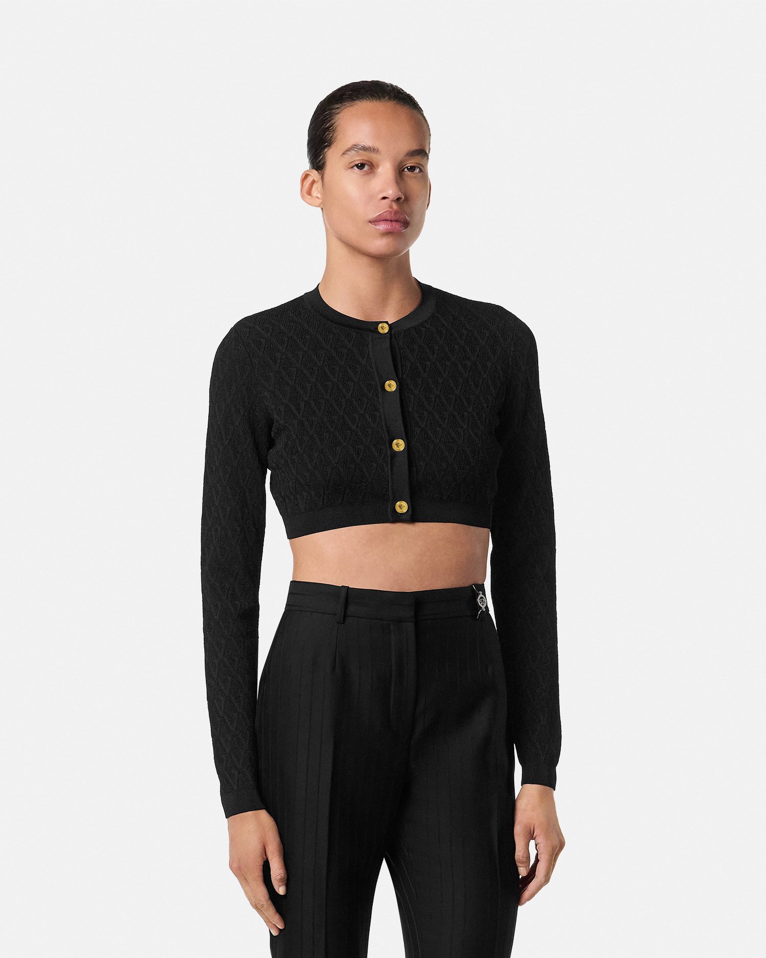 V Allover Jacquard Knit Crop Cardigan