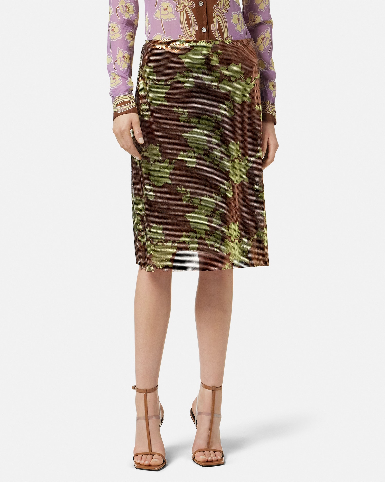 Wild Roses Metal Mesh A-Line Midi Skirt