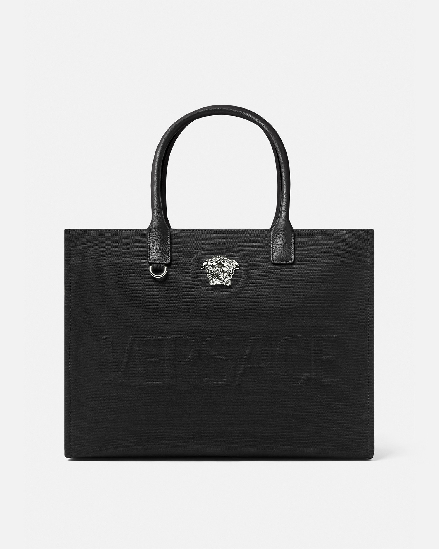 Versace La Medusa Canvas Large Tote Bag In Black+silver