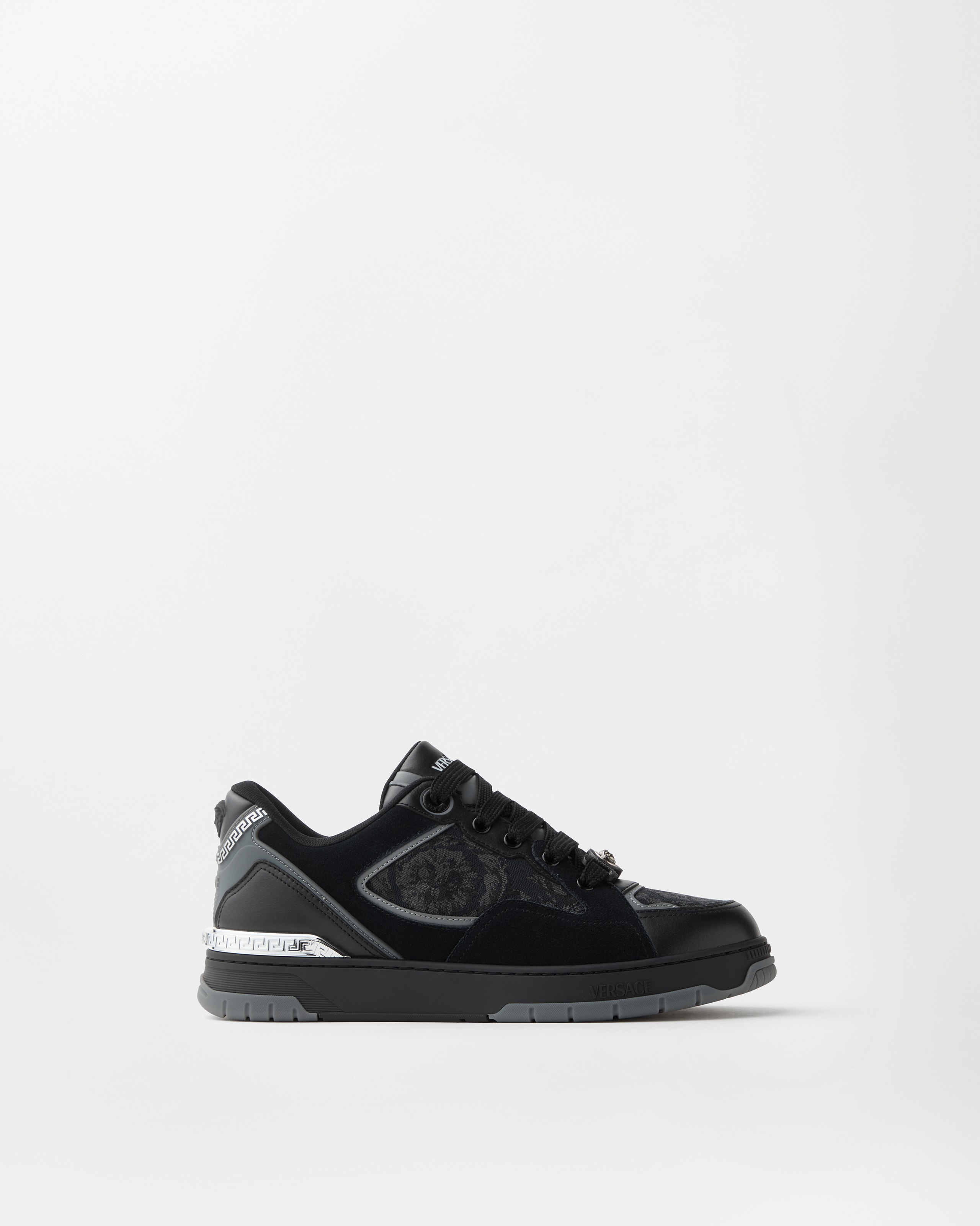 Biggie Basket Jacquard Leather Sneakers Black | VERSACE US