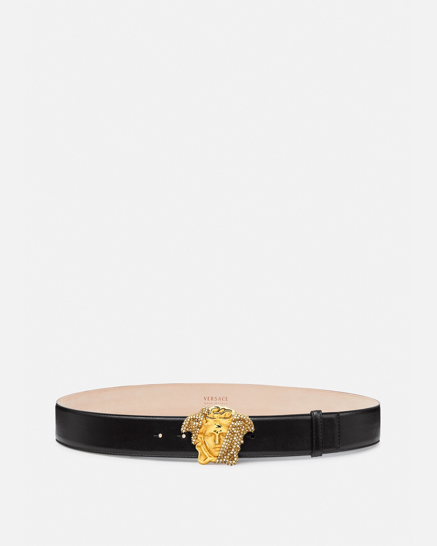 Versace Crystal La Medusa Leather Belt In Black