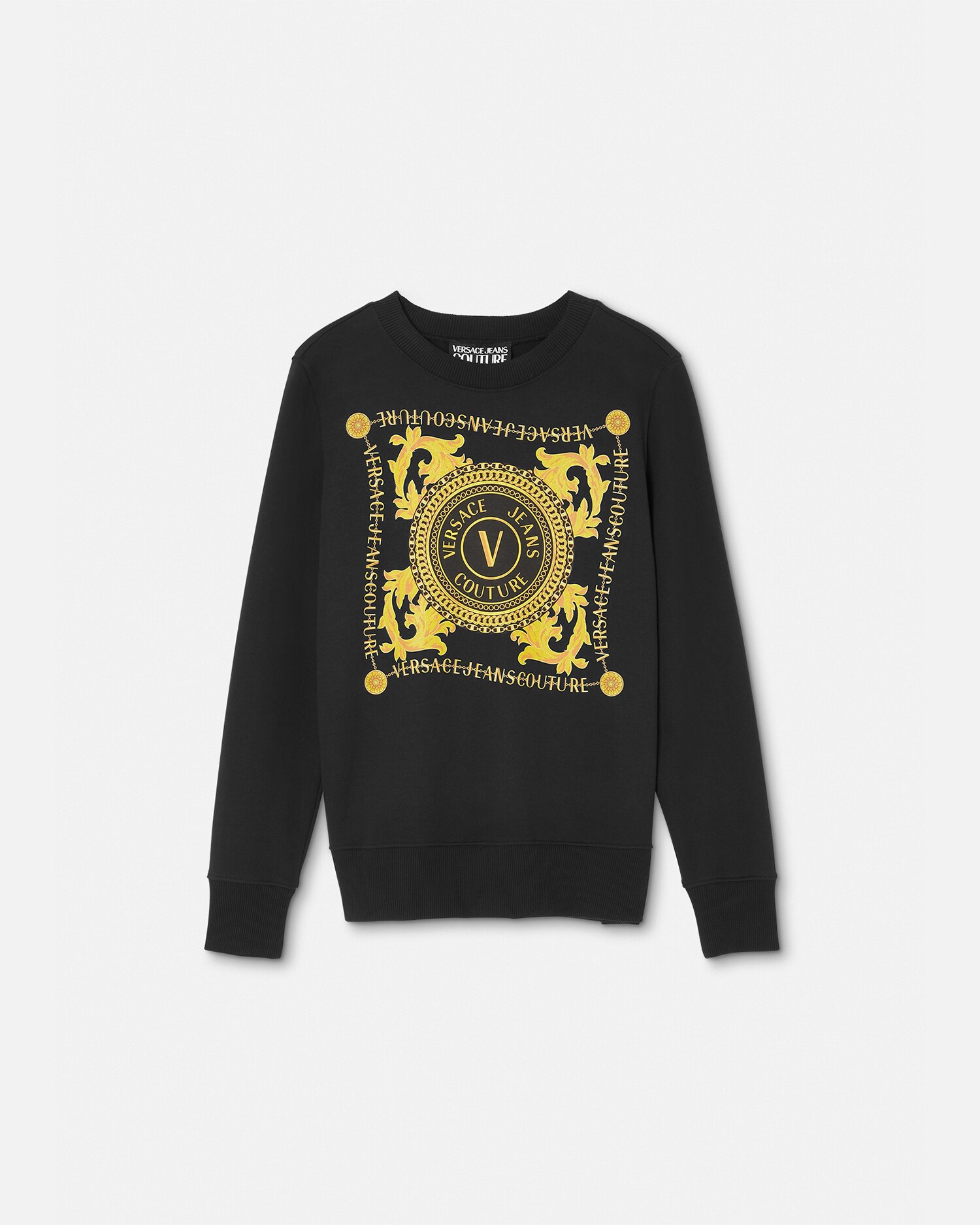 Versace Jeans Couture Logo Print Black Cotton Sweatshirt In Black+gold