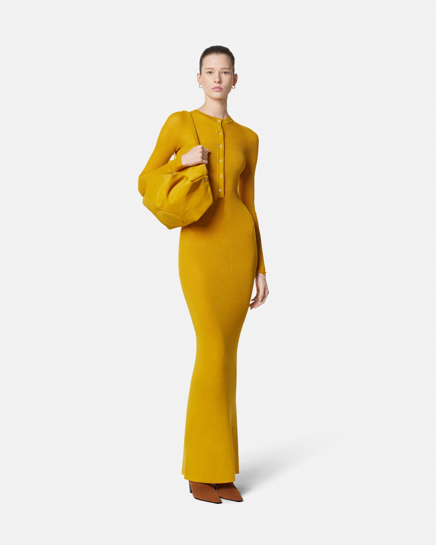 Versace Merino Wool Ribbed Knit Maxi Dress In Yellow