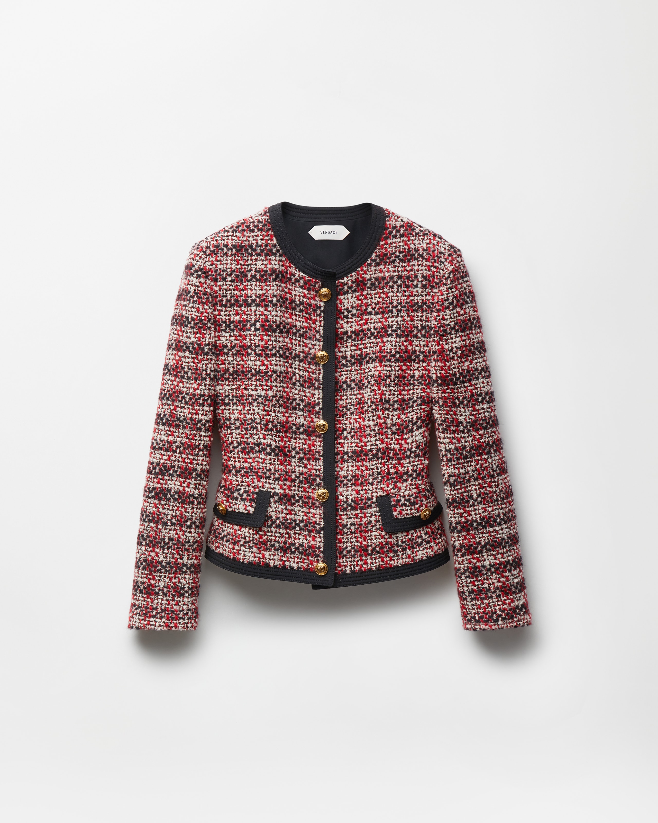 Versace Tweed Cardigan Jacket In Black+red