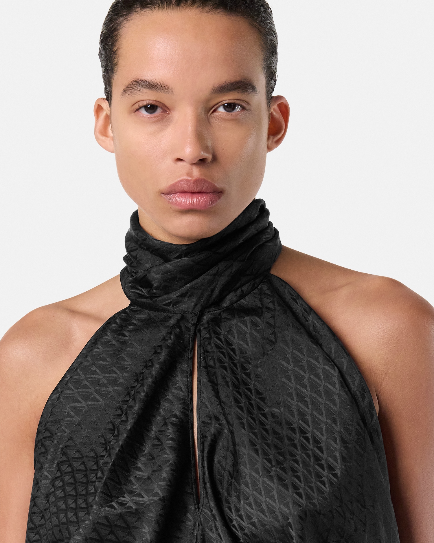 V Allover Jacquard Silk Lavallière Top