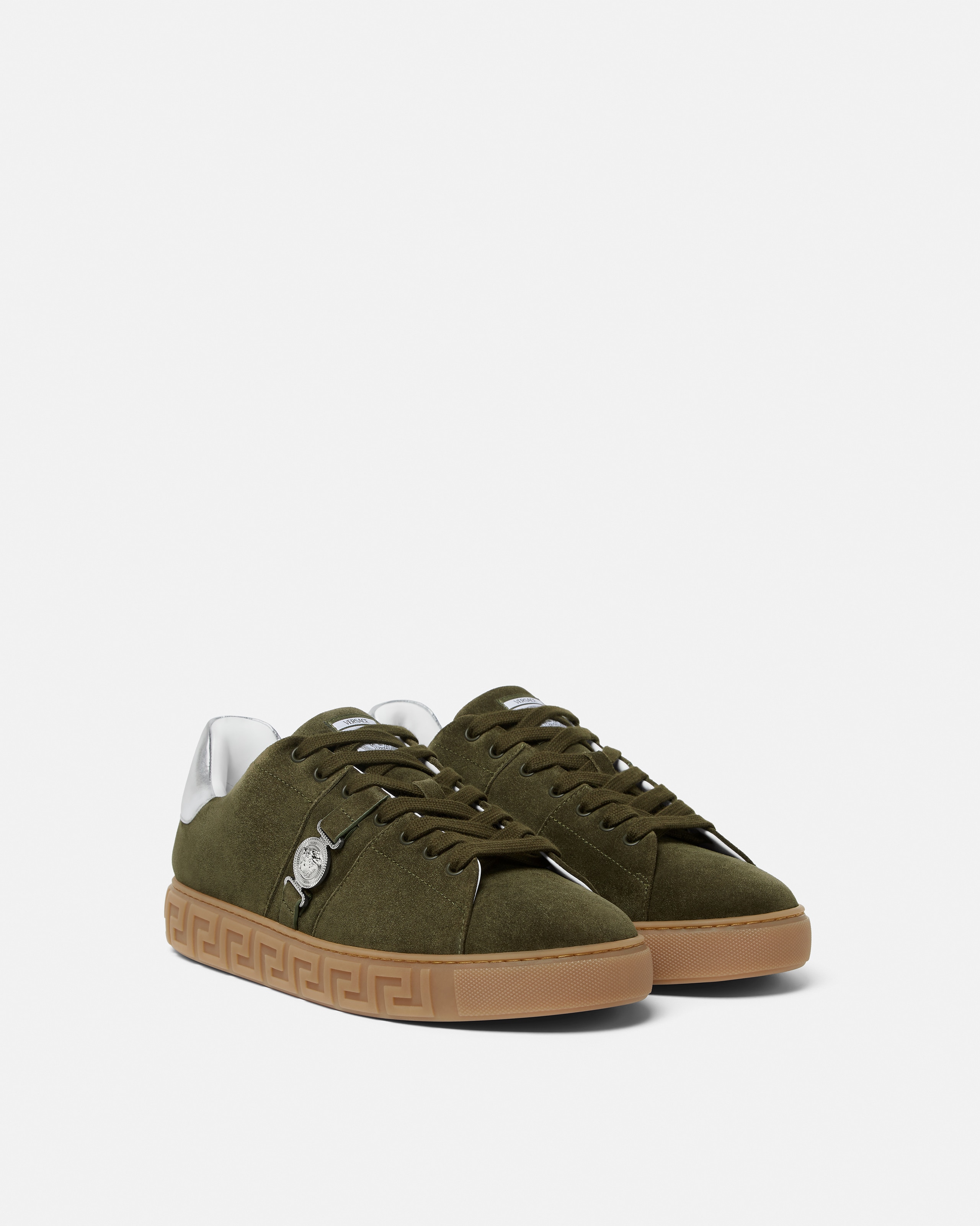 Greca Embellished Suede Sneakers Green,Silver | VERSACE US