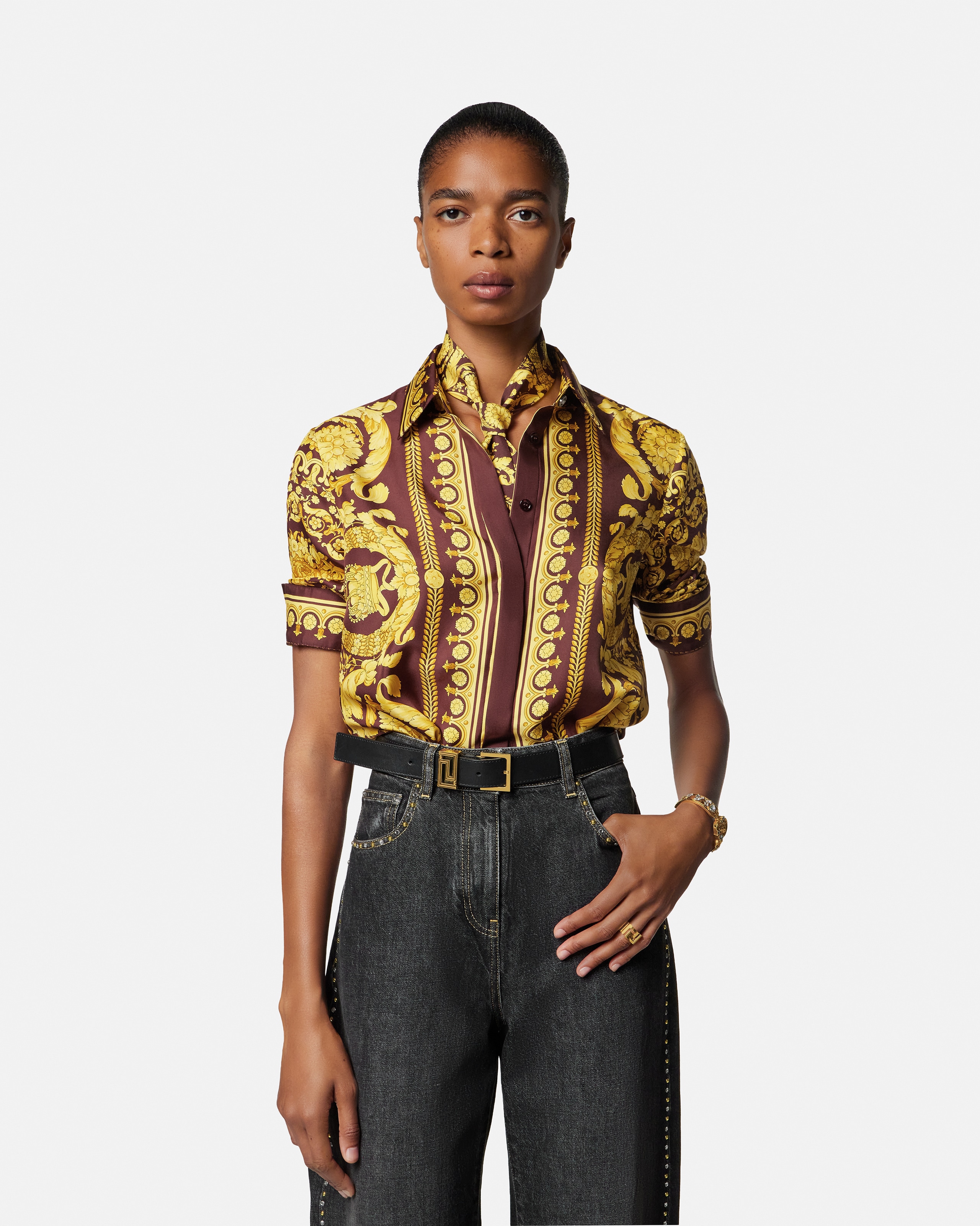 Printed Silk Twill Ribbon Burgundy,Gold | VERSACE US