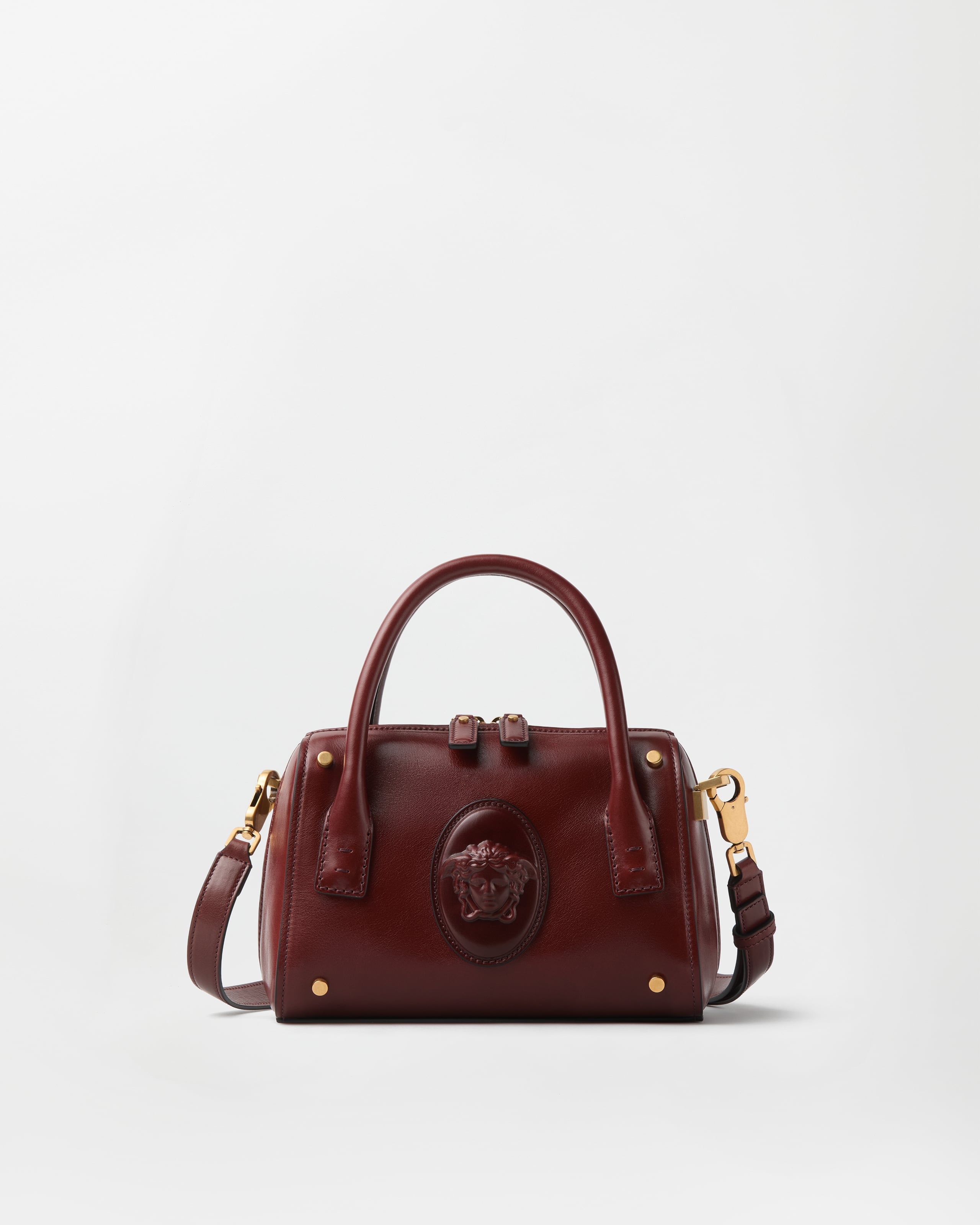 Versace Roomy Small Leather Boston Bag In Brown