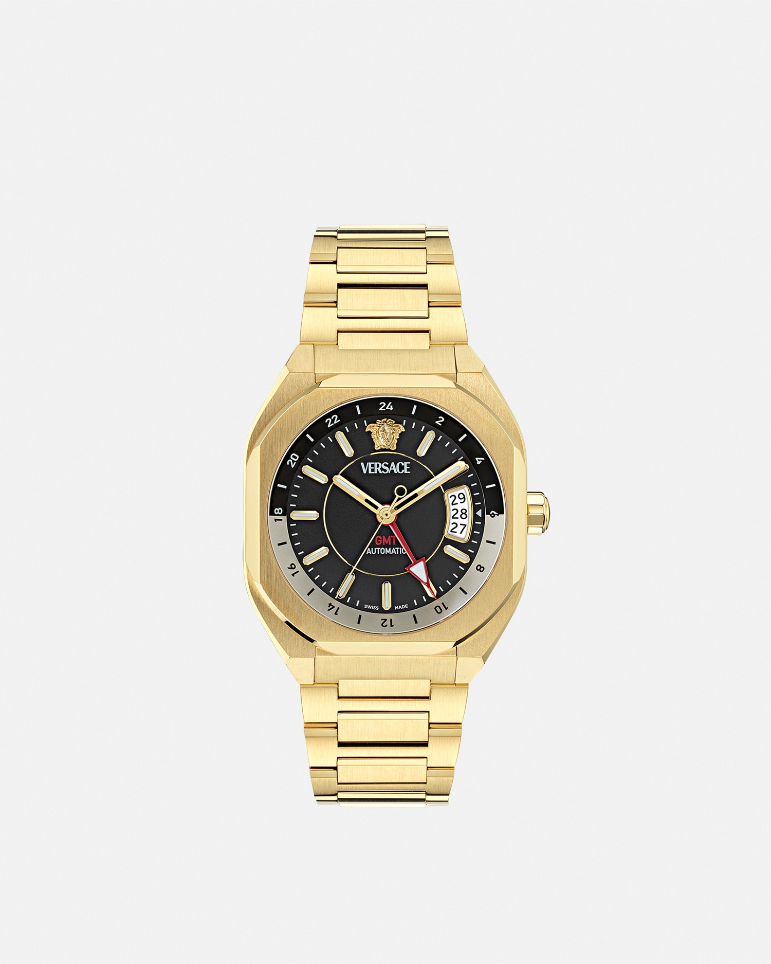 Versace Men's Swiss Automatic V-contempo Gmt Gold Ion Plated Bracelet Watch 40x48mm In Black+gold