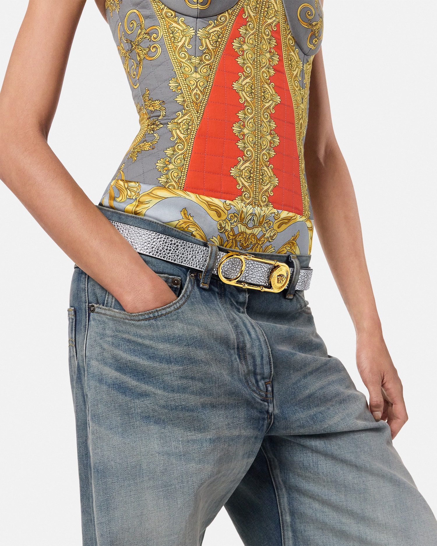 Crystal Safety Pin Leather Belt 1.2"