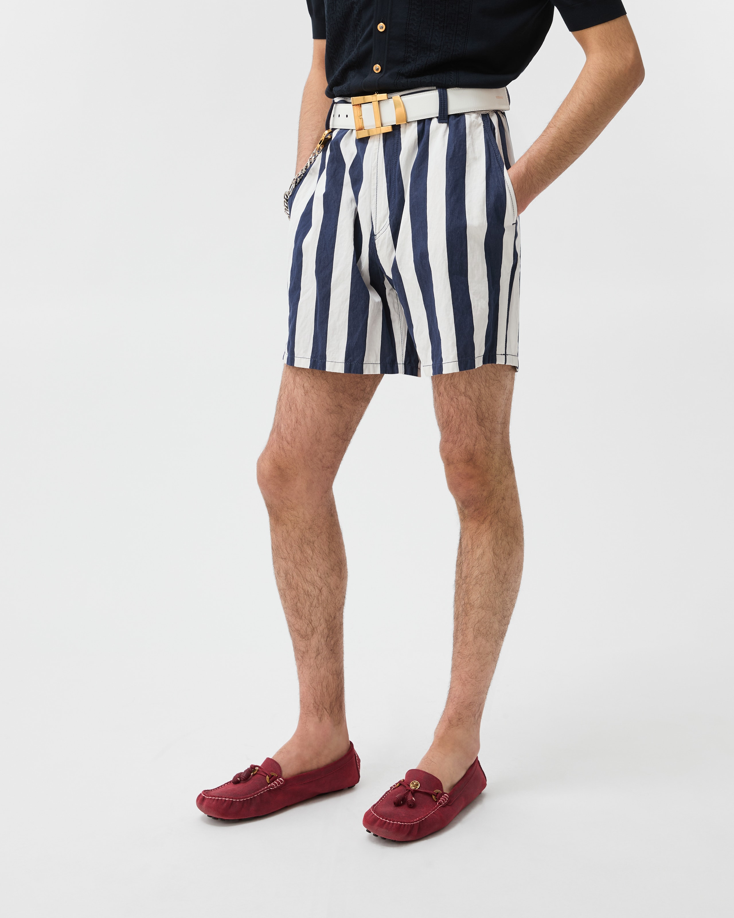 Striped Cotton Denim Shorts White,Blue | VERSACE US