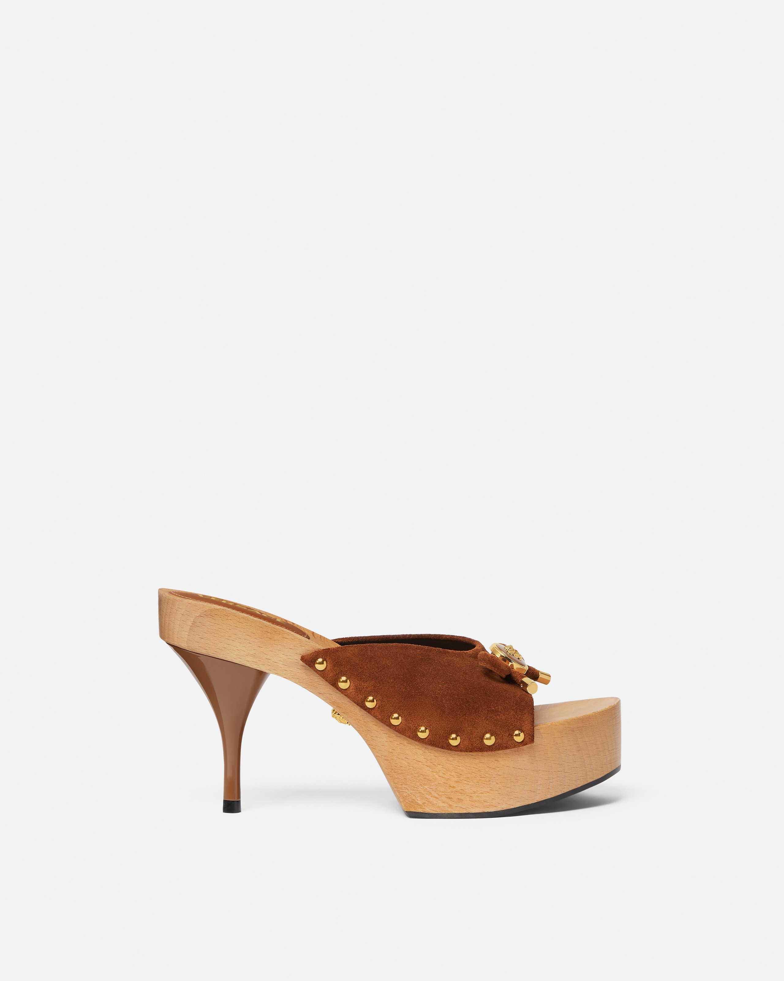 Versace Opera Bow Sabots En Daim 110 Mm In Brown