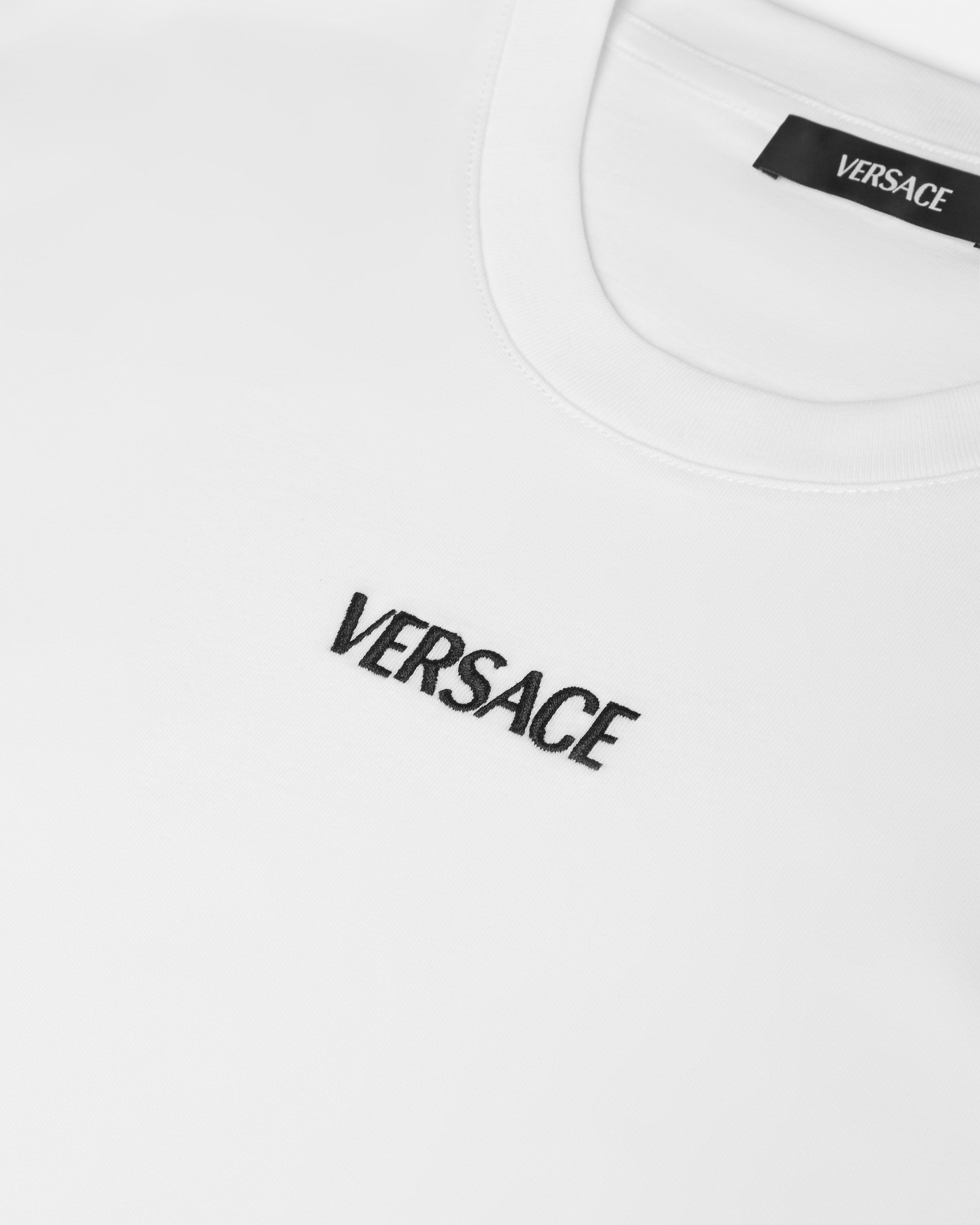Embroidered Cotton-Jersey Slim T-Shirt Blue | VERSACE US