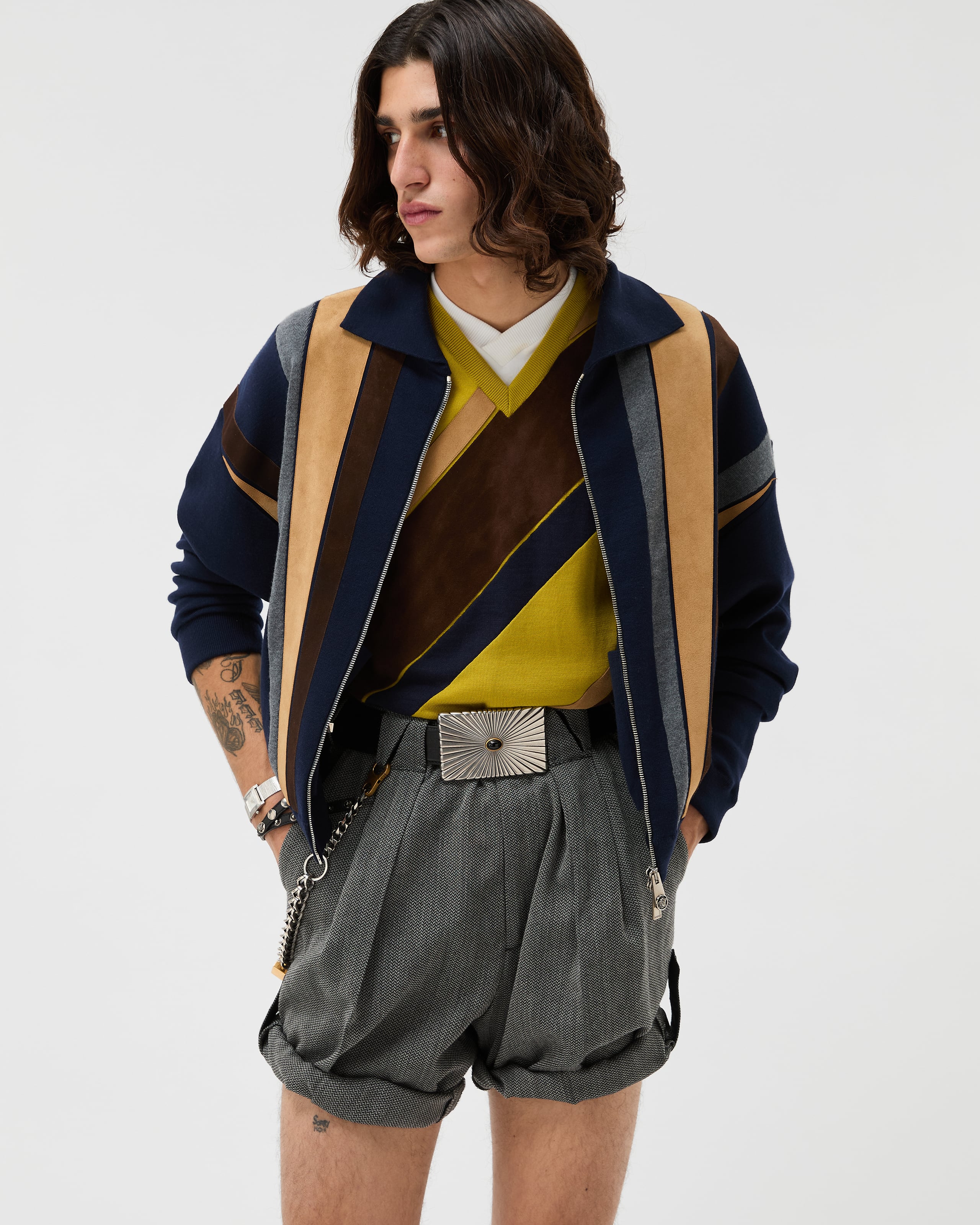 Intarsia-Wool & Leather Patchwork Zip Sweater Blue | VERSACE US