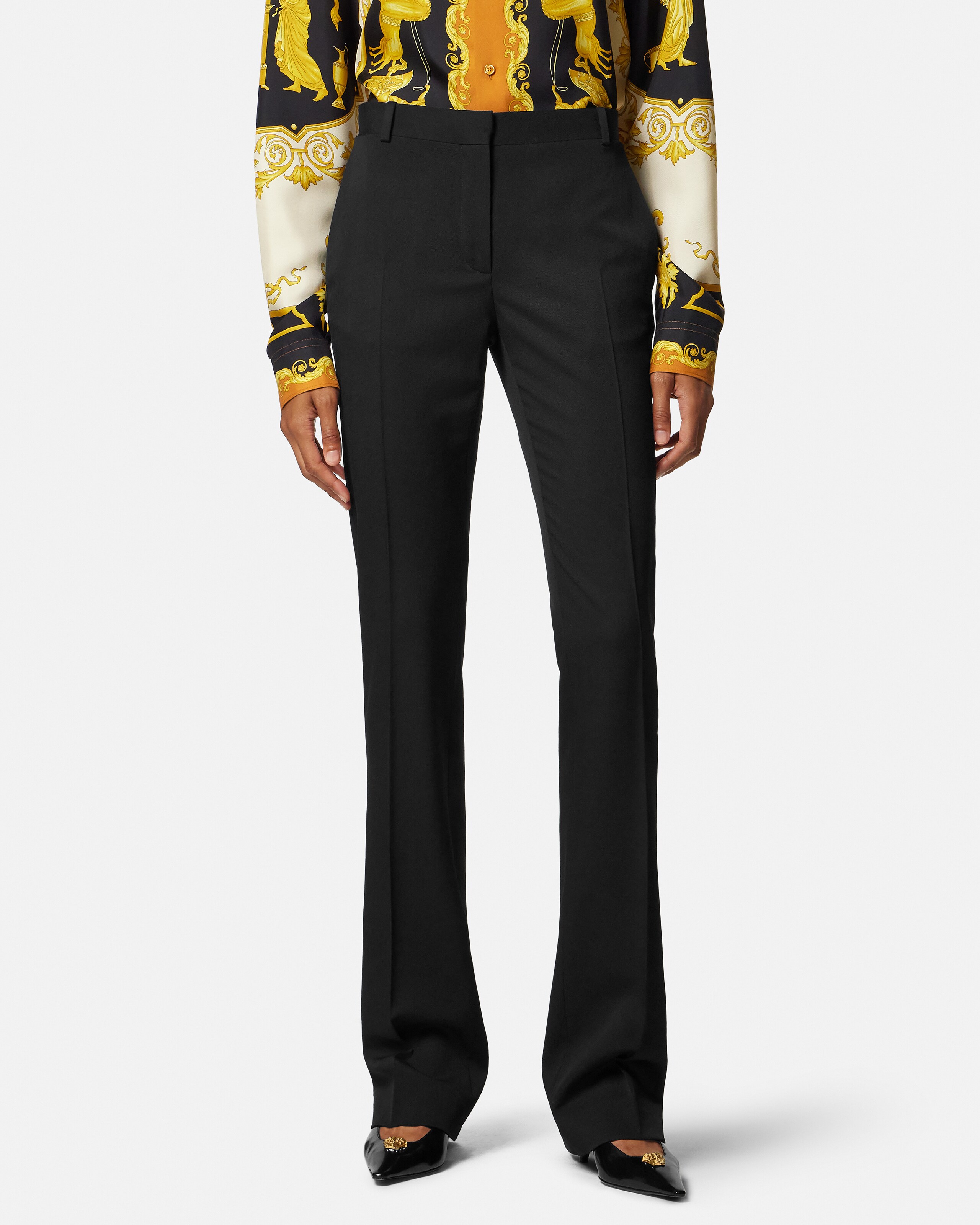 Stretch Wool-Gabardine Slim Pants Black | VERSACE US display picture 1