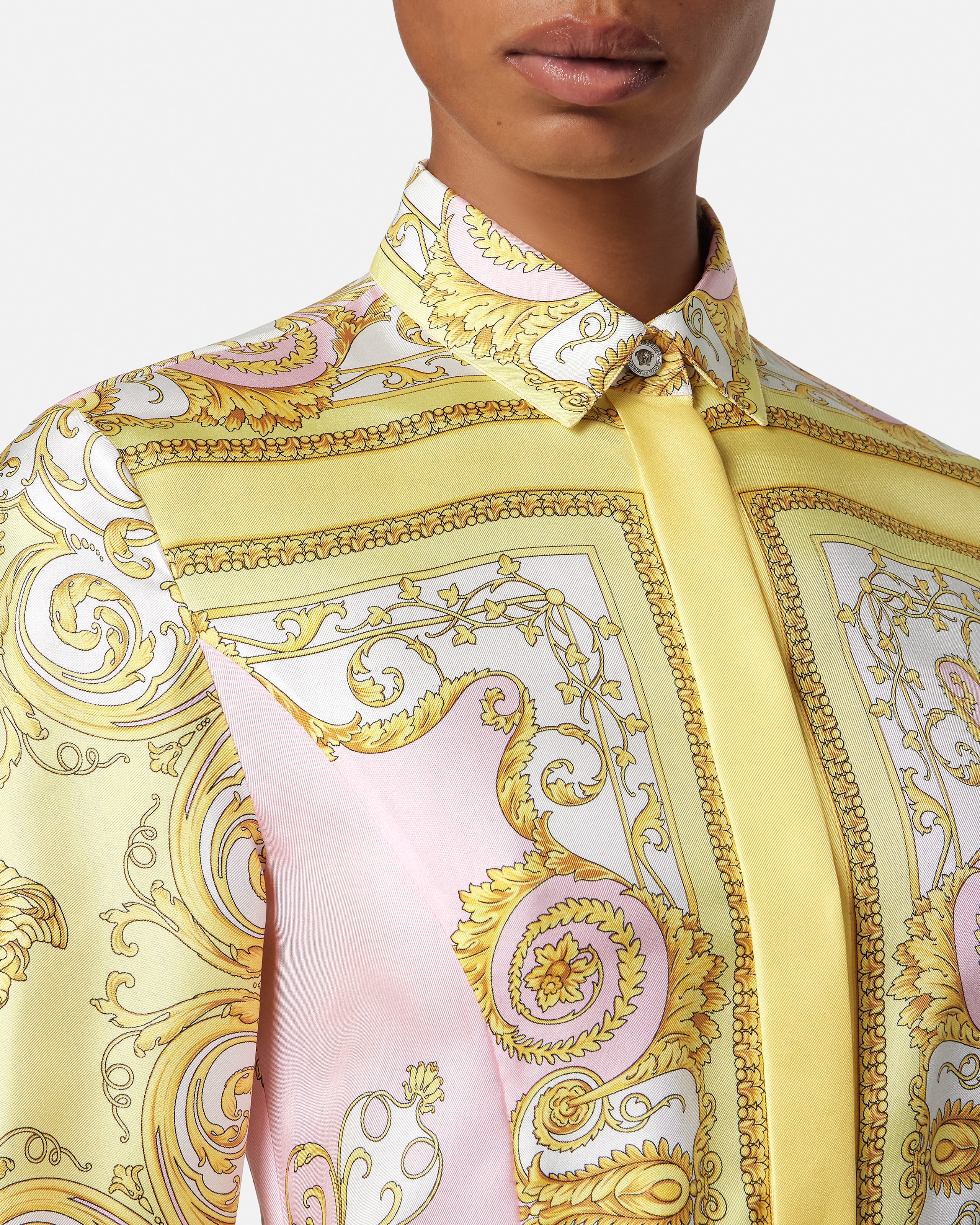 Printed Silk Twill Mini Shirt Dress Blue,Gold | VERSACE