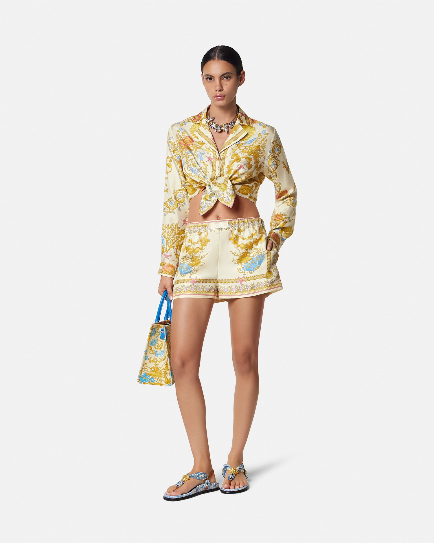 Versace Multicolor Shorts With Elastic Waist And All-over Underwater Barocco Print In Silk Woman