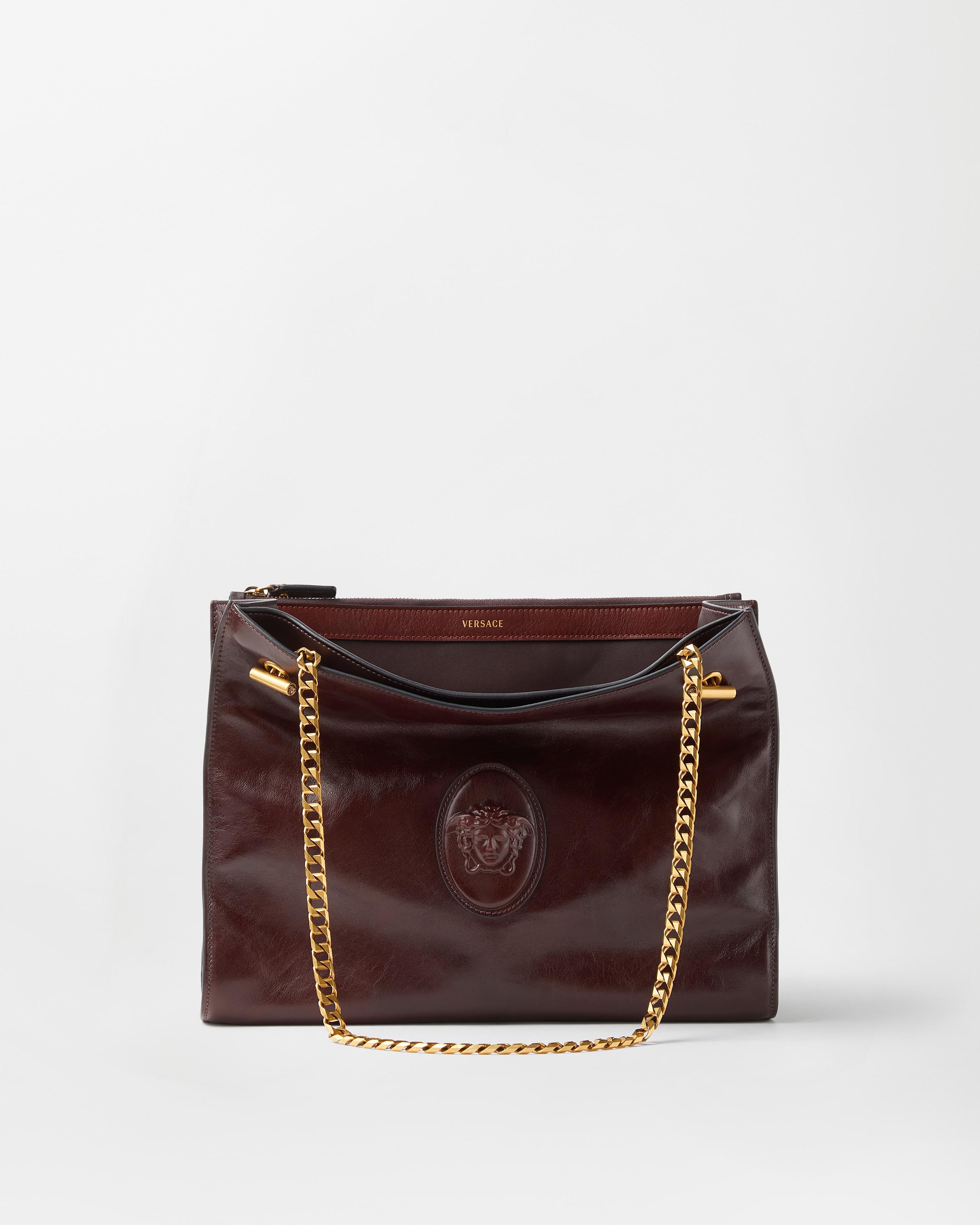 Versace Cabine Leather Shoulder Bag In Brown