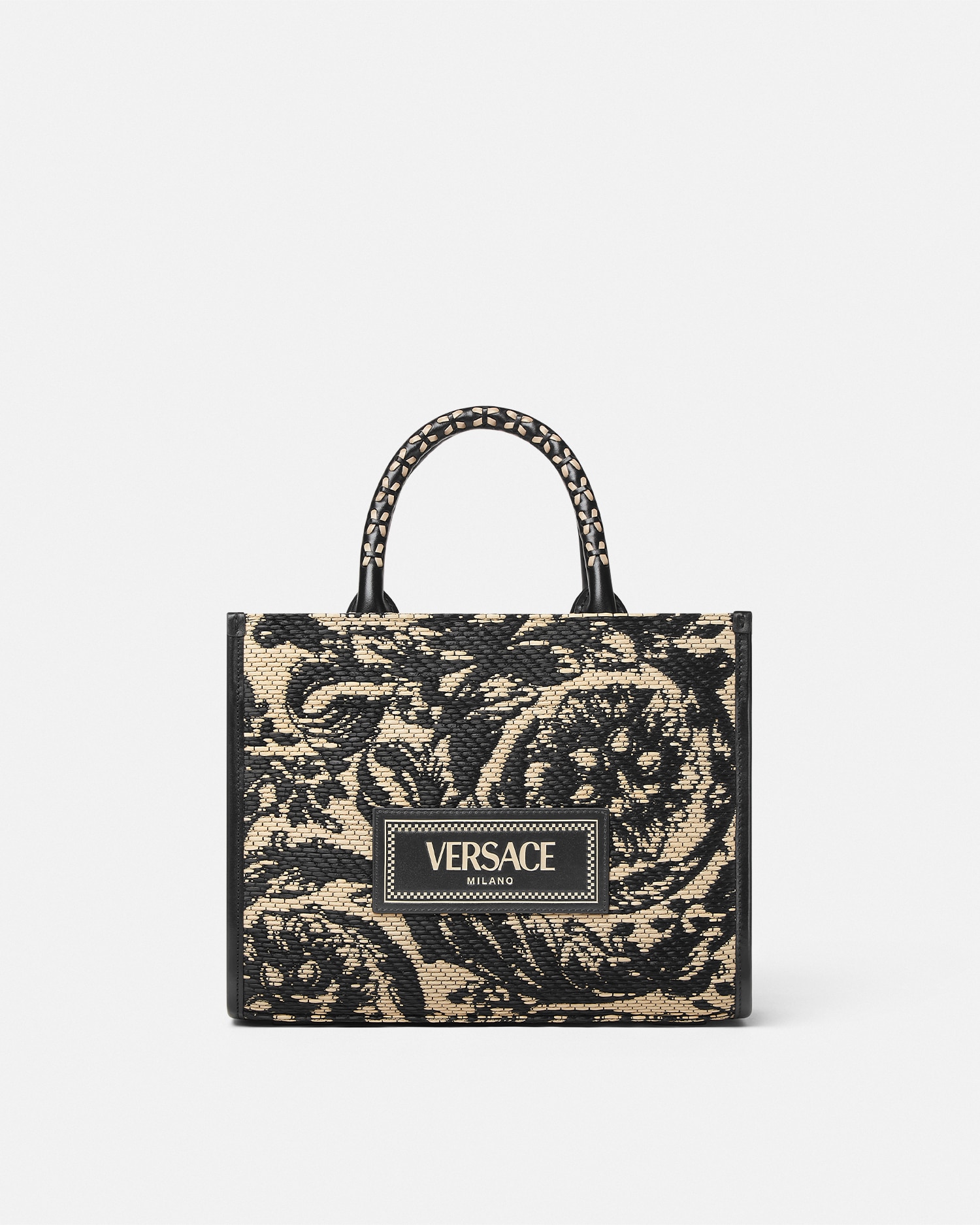 Versace Barocco Athena Raffia Small Tote Bag In Black+print