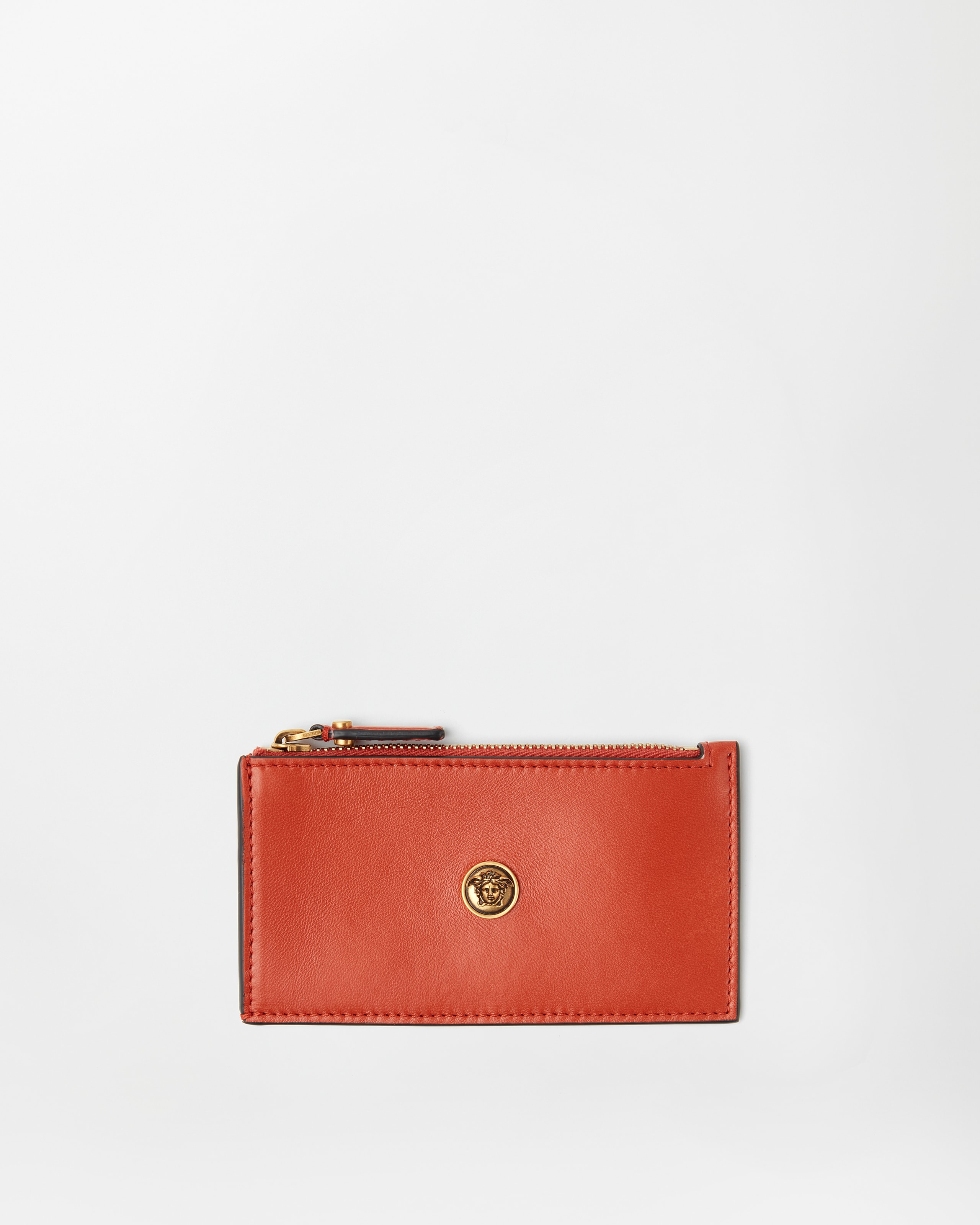 Versace Emblème Leather Zip Card Holder In Orange