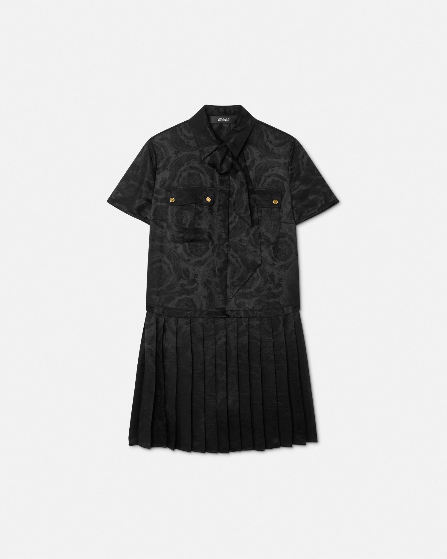 Versace Barocco Lavalli�re Pleated Mini Dress In Black