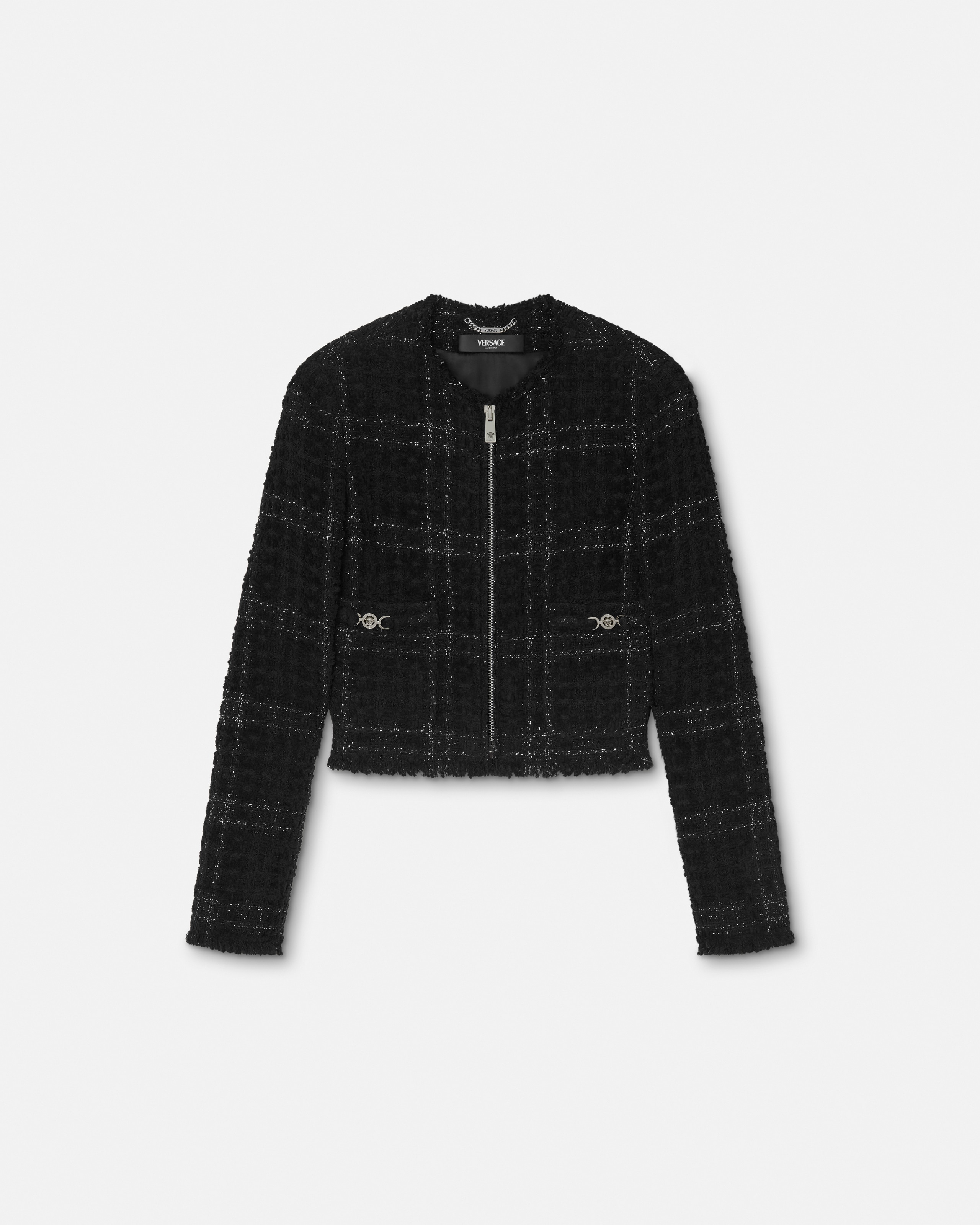Versace Tweed Cotton Cardigan Jacket In Black