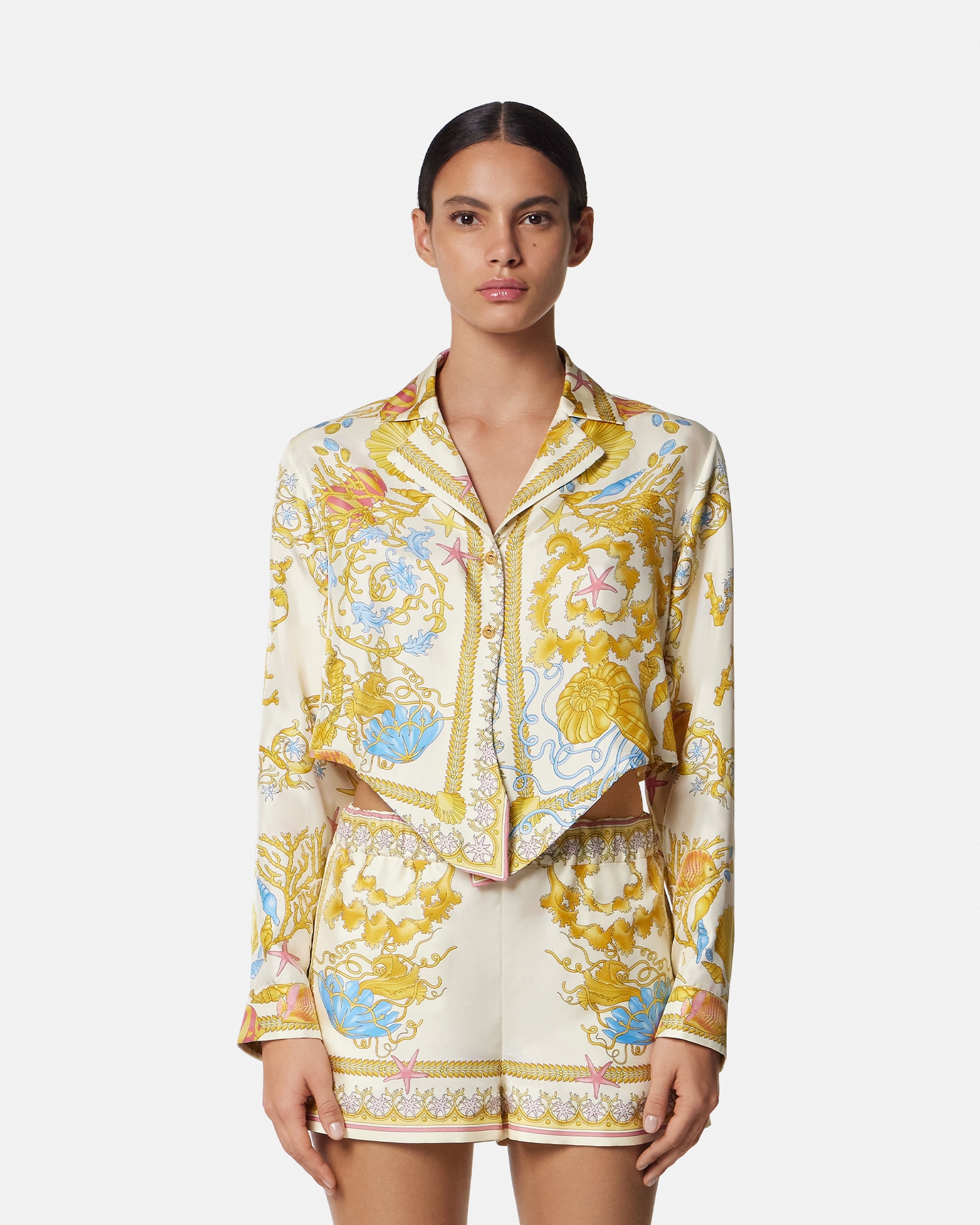 Underwater Barocco Knotted Crop Silk Shirt