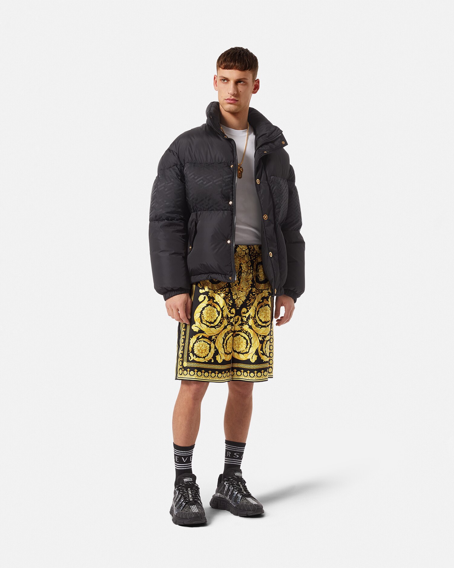 Versace Knee-length Black And Gold Silk Shorts With Barocco Print In Print