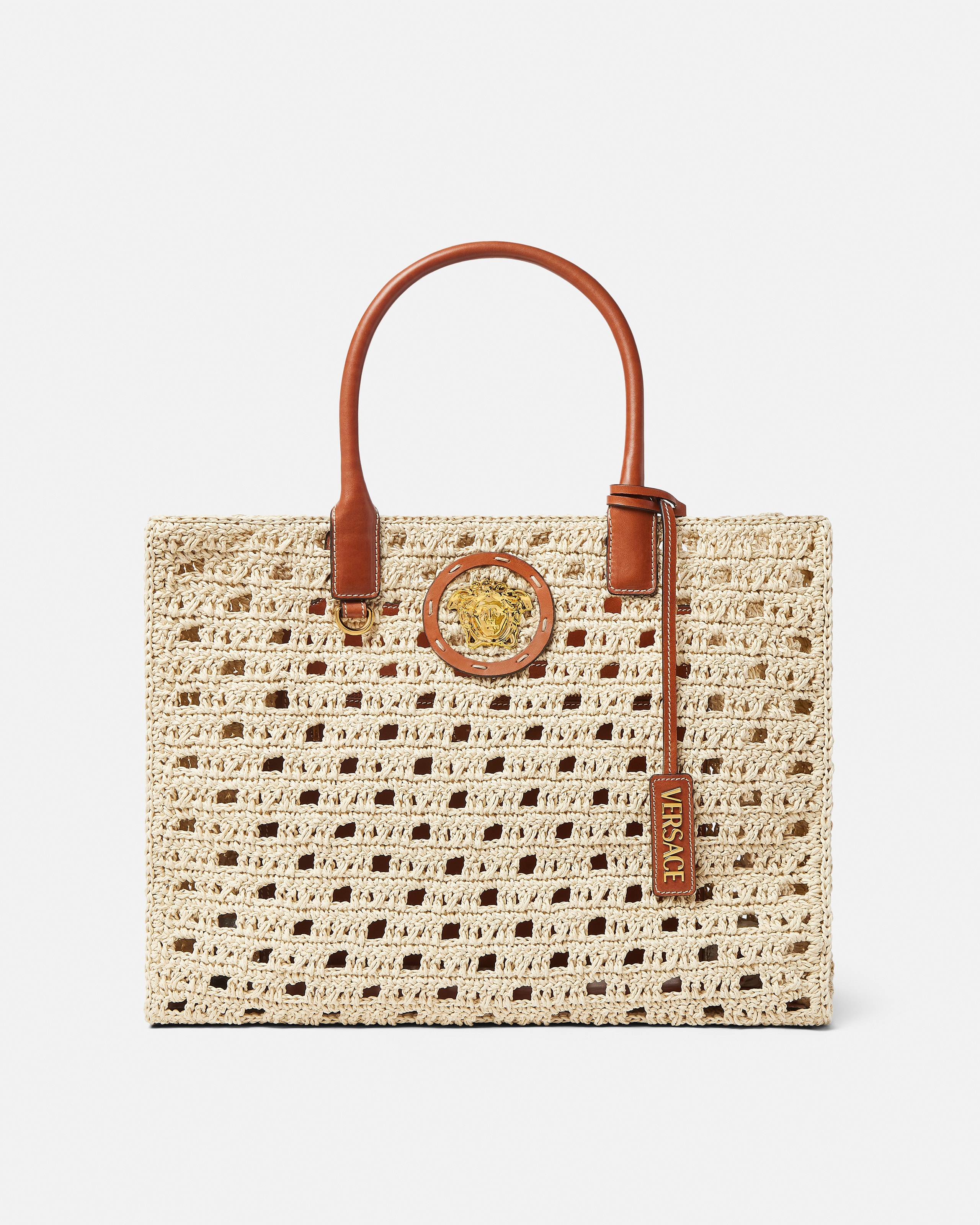 Versace La Medusa Large Raffia Tote In Sand