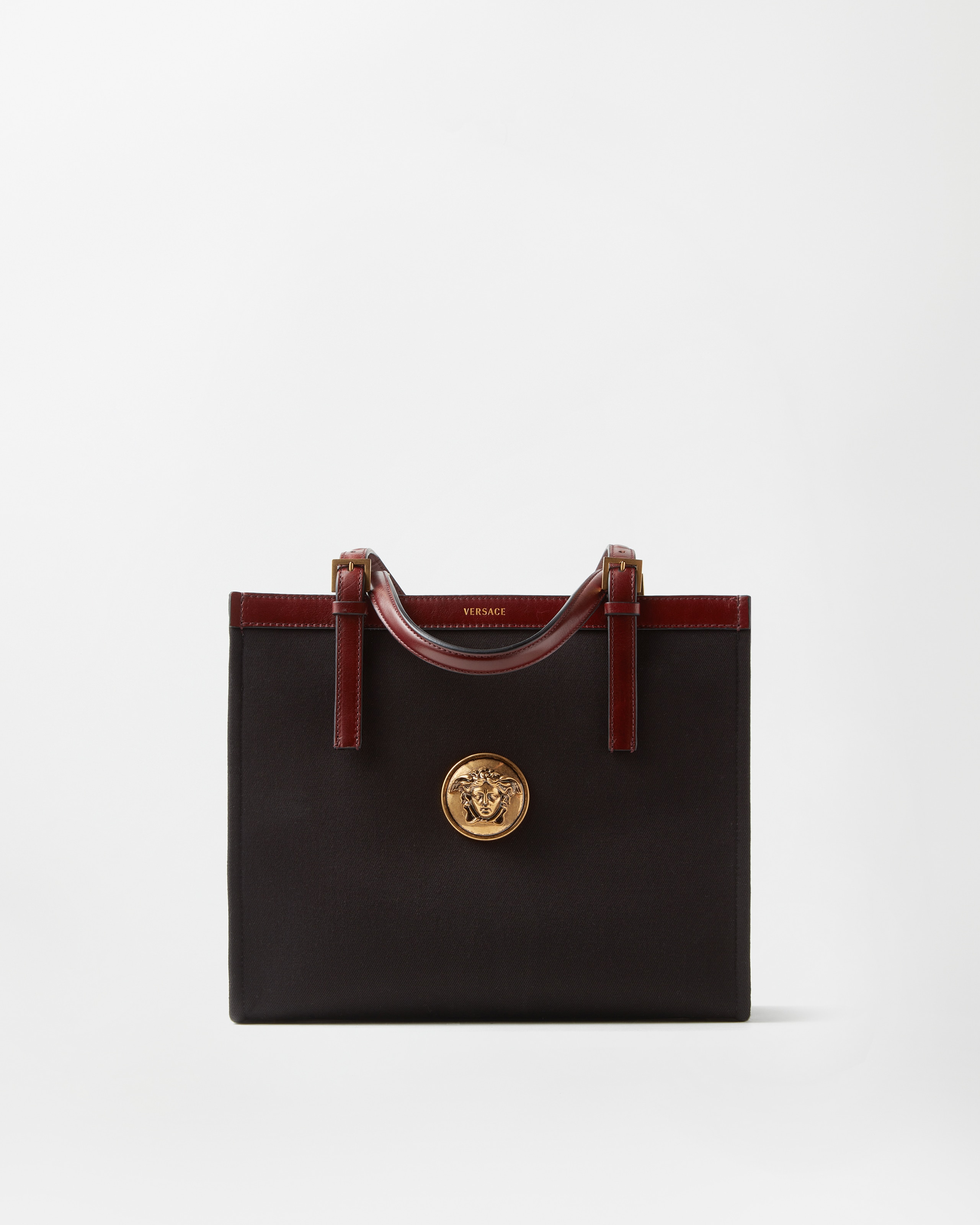 Versace Rivière Canvas Tote In Black+brown