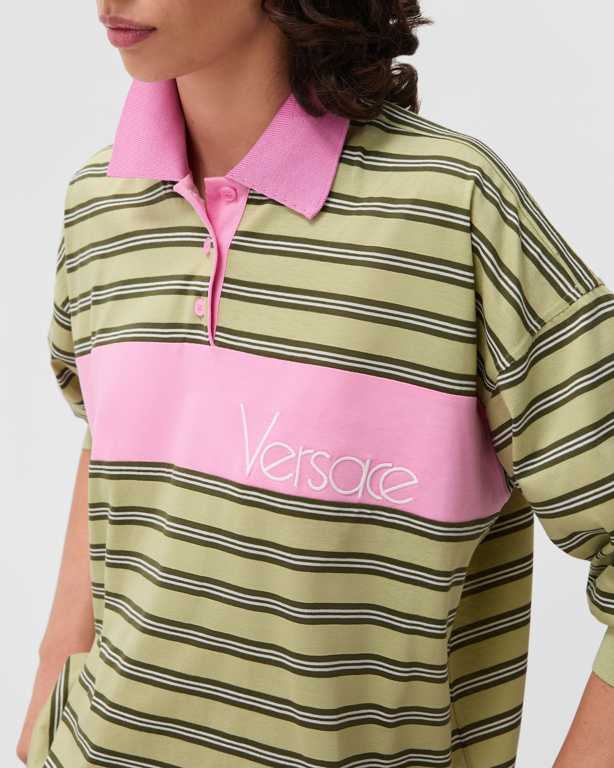 Embroidered-Logo Striped-Intarsia Cotton Polo Yellow,Pink | VERSACE US