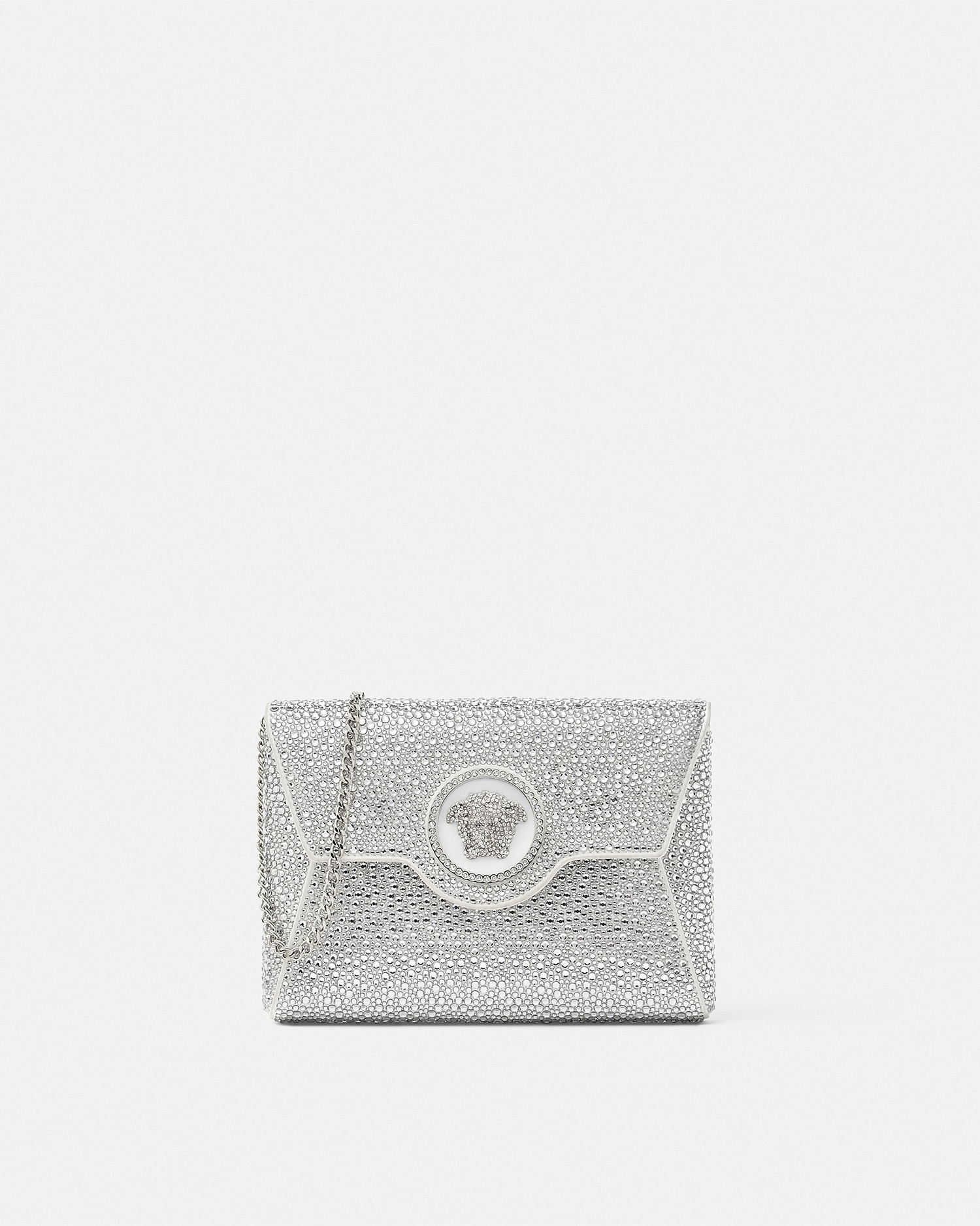 Versace Crystal La Medusa Envelope Clutch In Silver