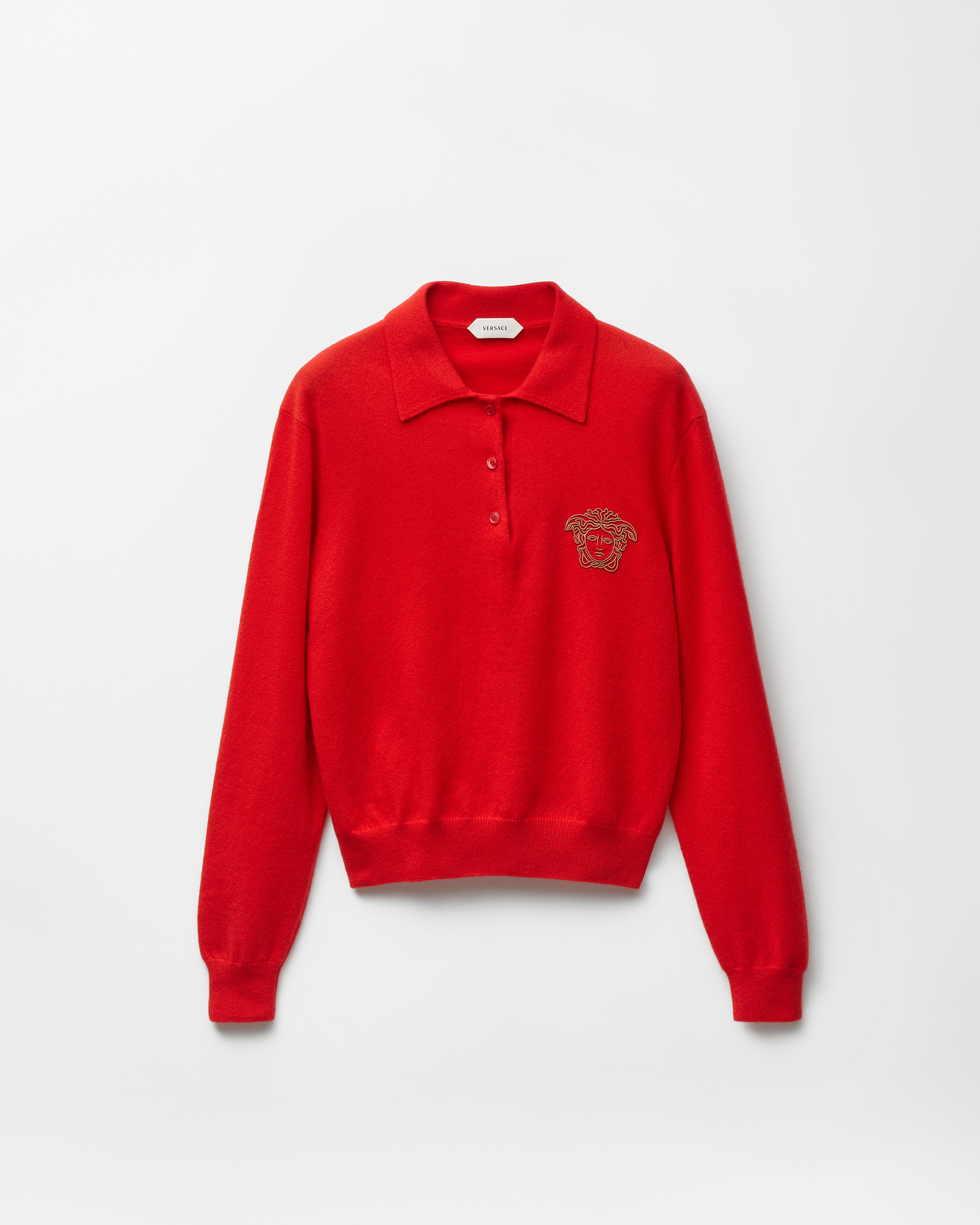 Versace Embroidered Cashmere Knit Polo Sweater In Red