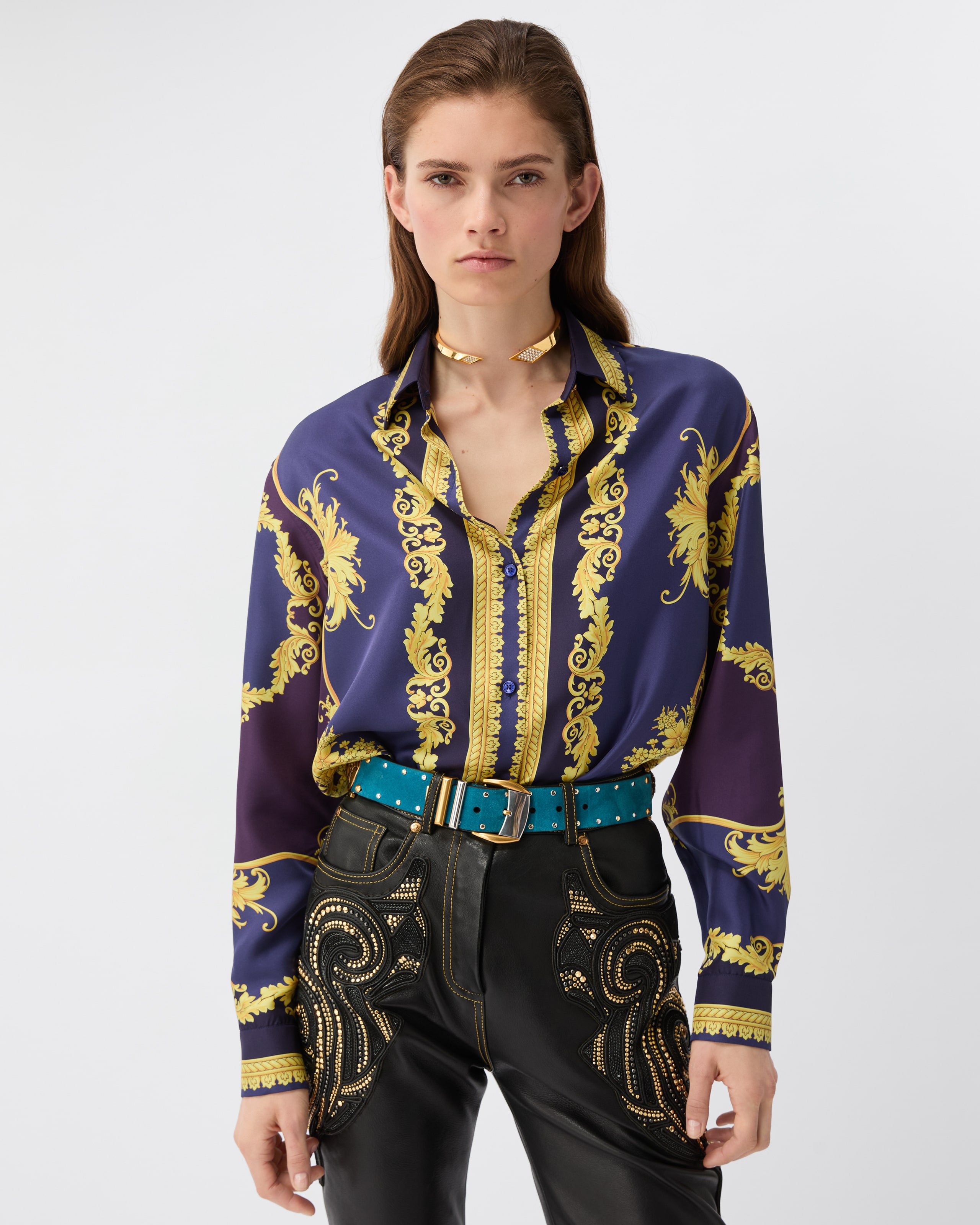 Printed Silk Twill Shirt Purple,Gold | VERSACE US