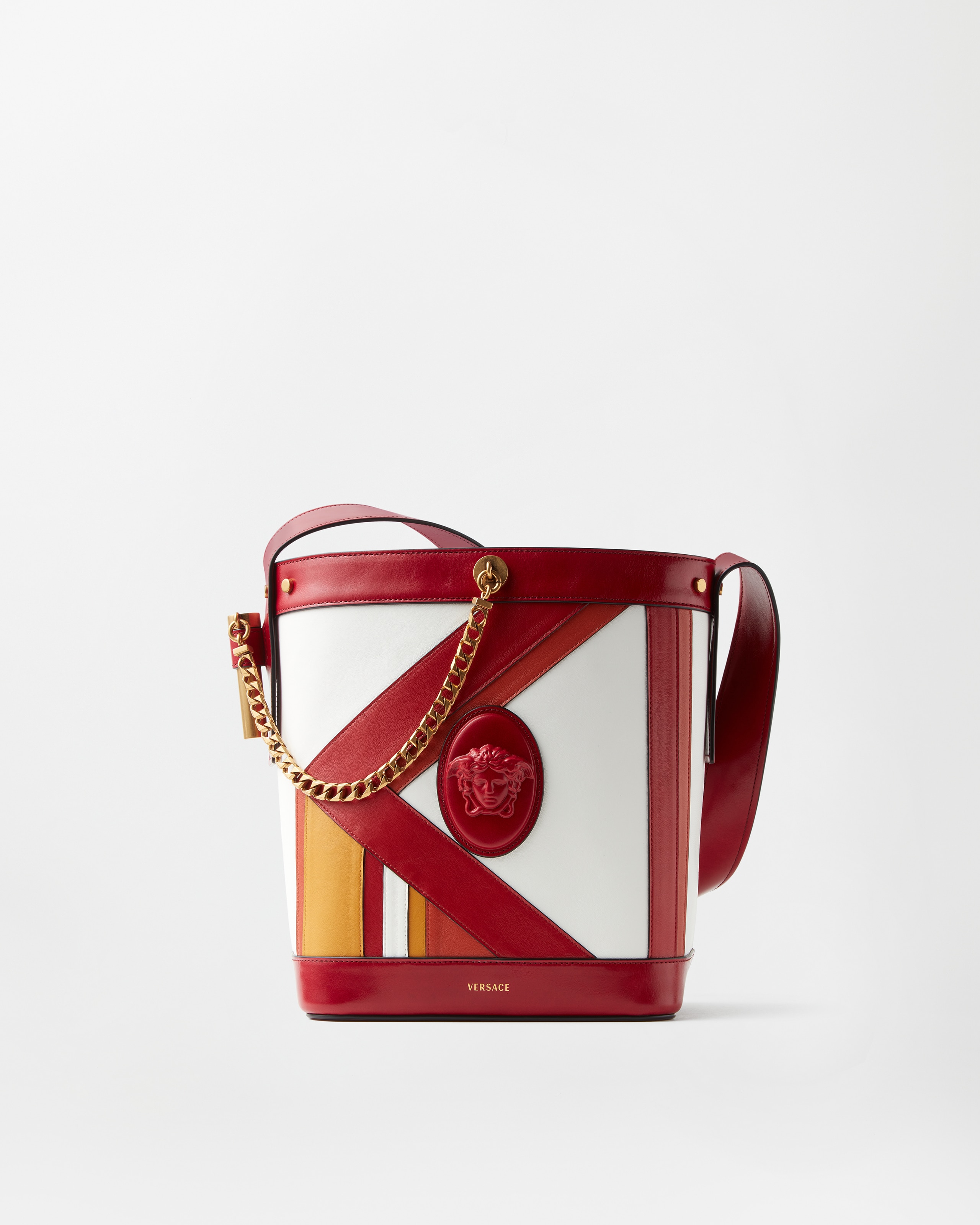 Versace Pivot Small Leather Patchwork Bucket Bag In Red+white