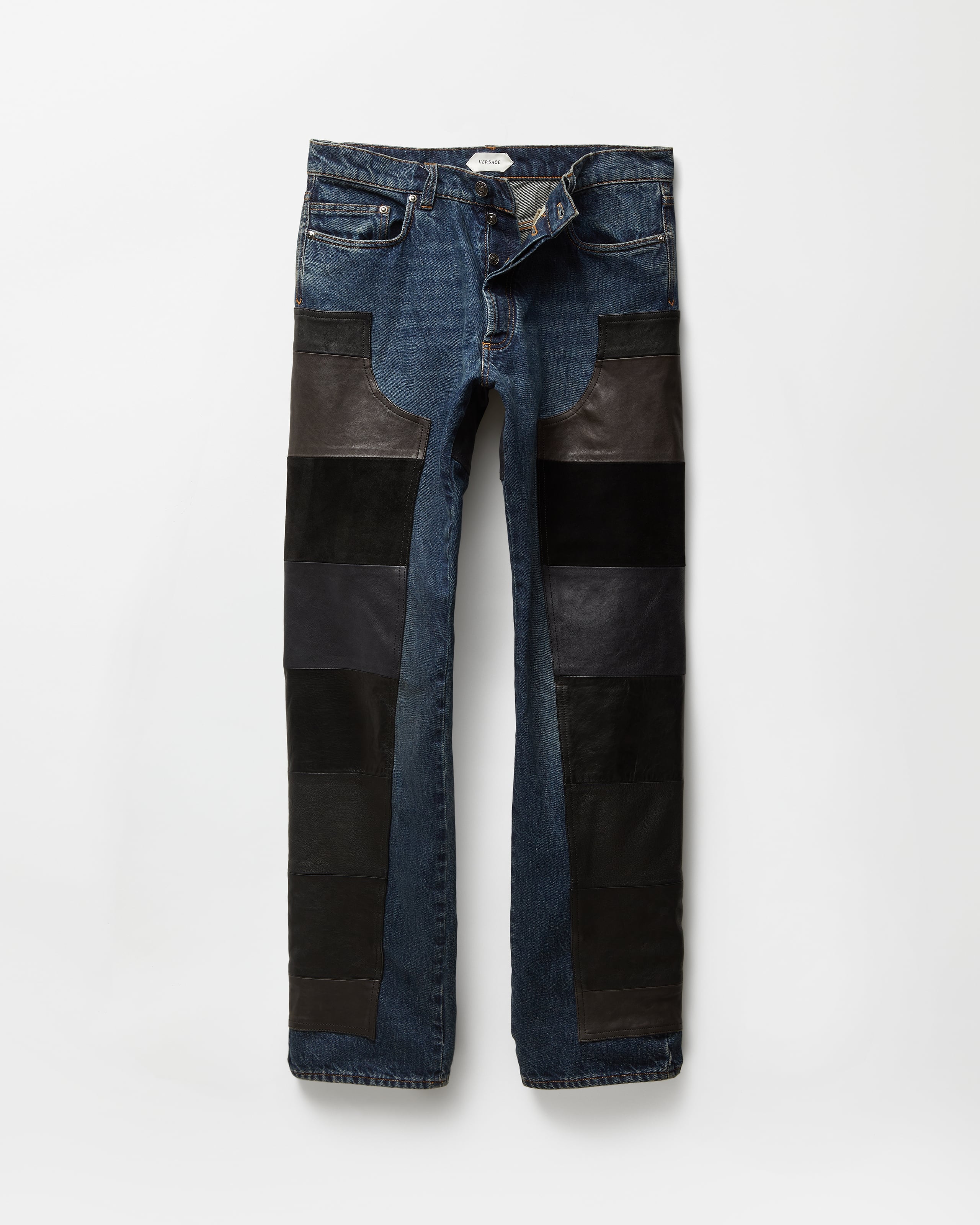 Leather Patchwork Straight Jeans Blue,Black | VERSACE US
